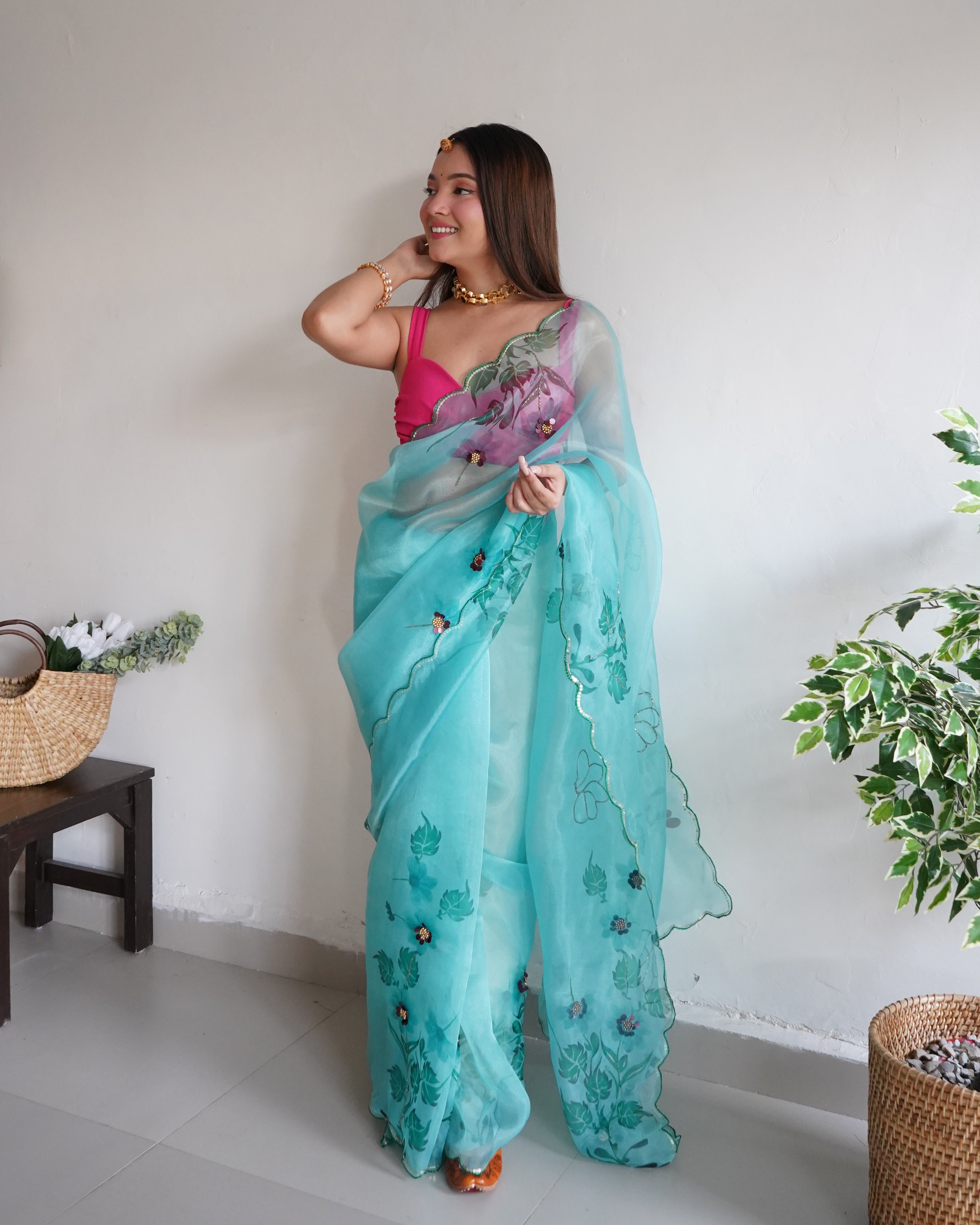 GREEN Organza Saree With Banglori sattin Blouse