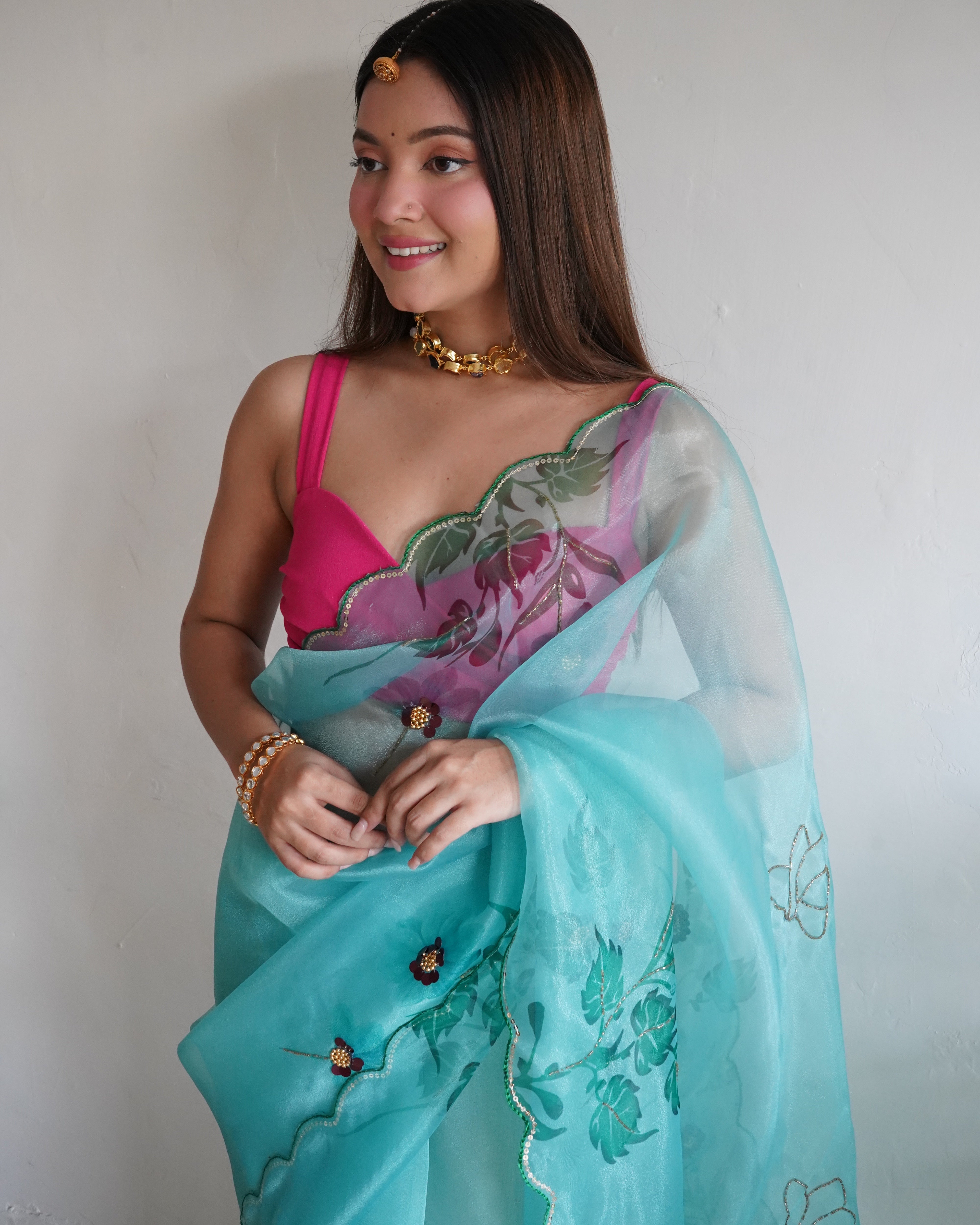 GREEN Organza Saree With Banglori sattin Blouse