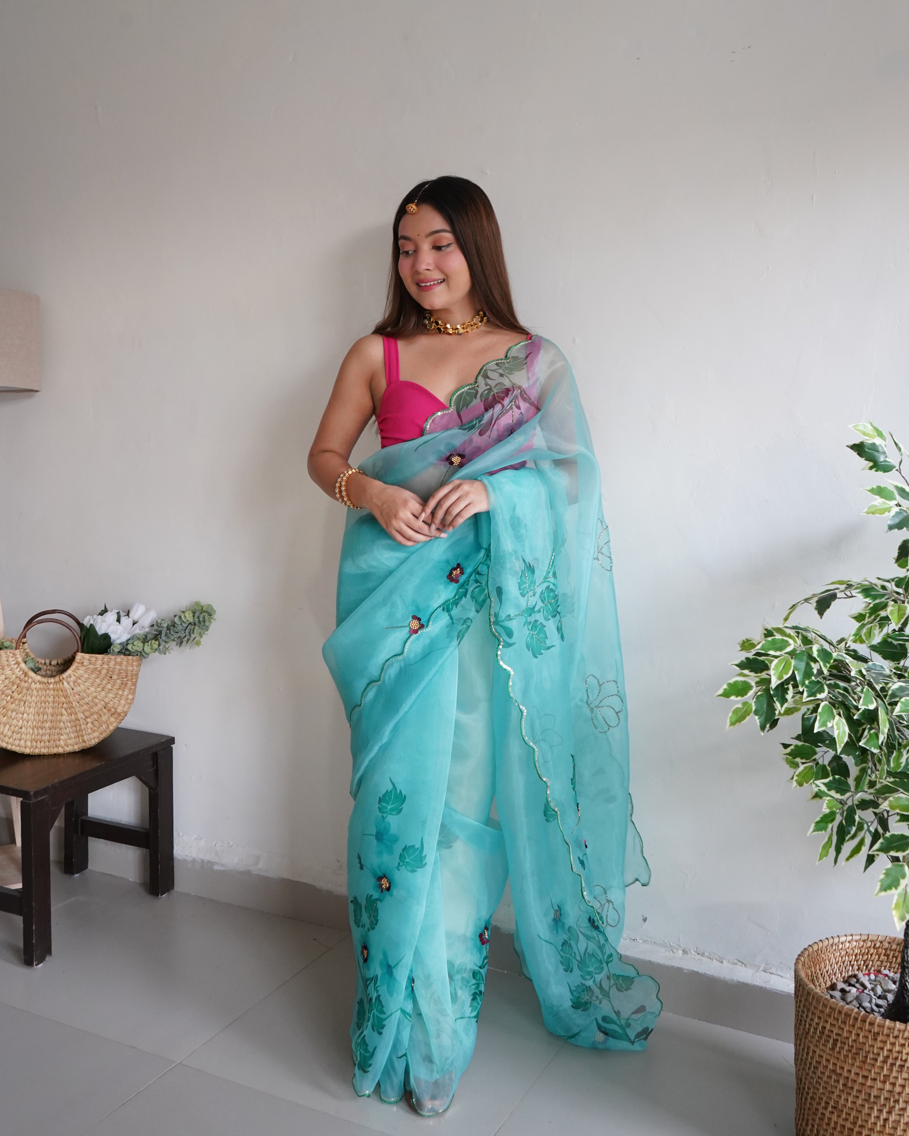 GREEN Organza Saree With Banglori sattin Blouse