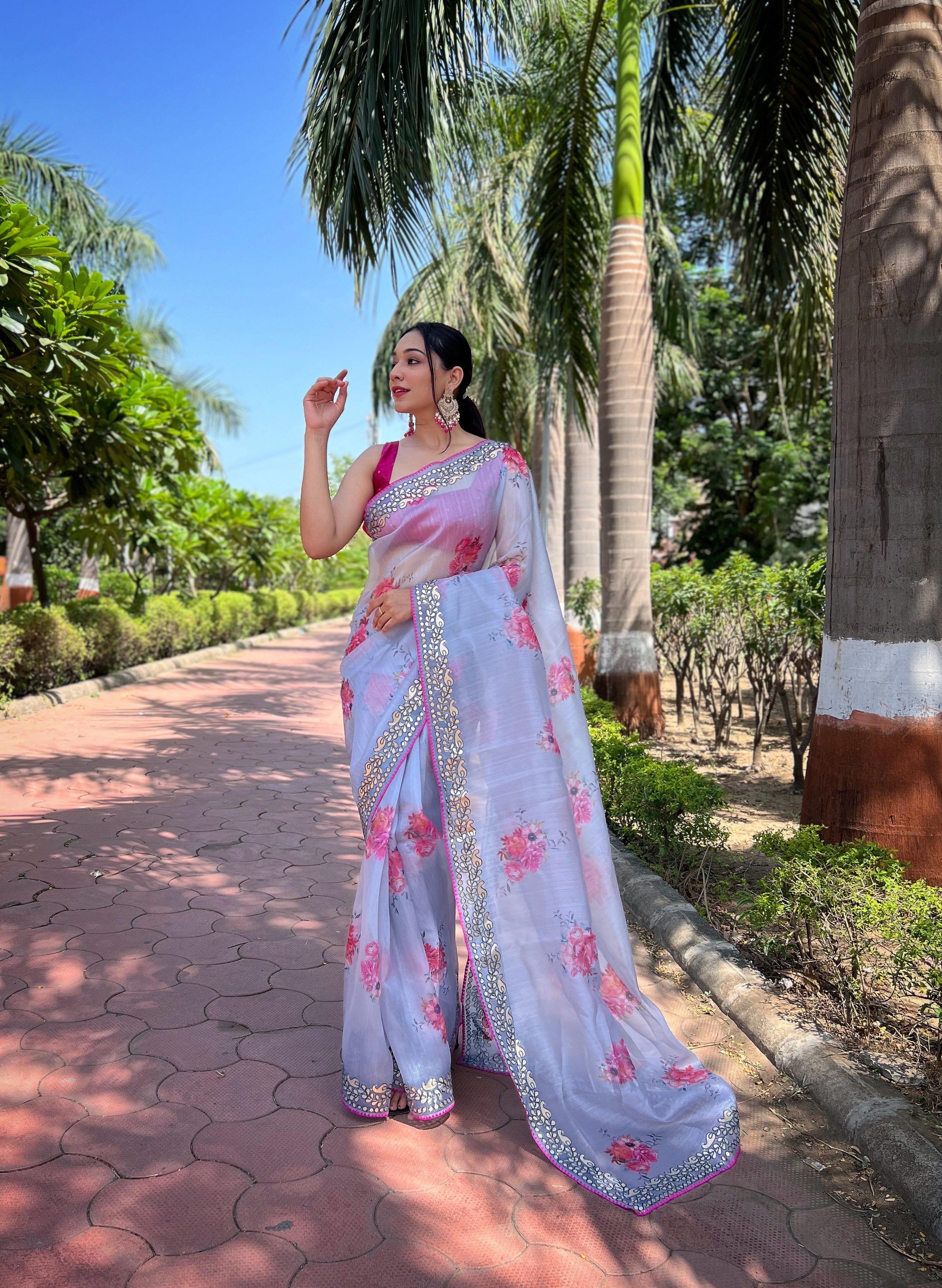 Grey Organza Saree With Raw silk Blouse