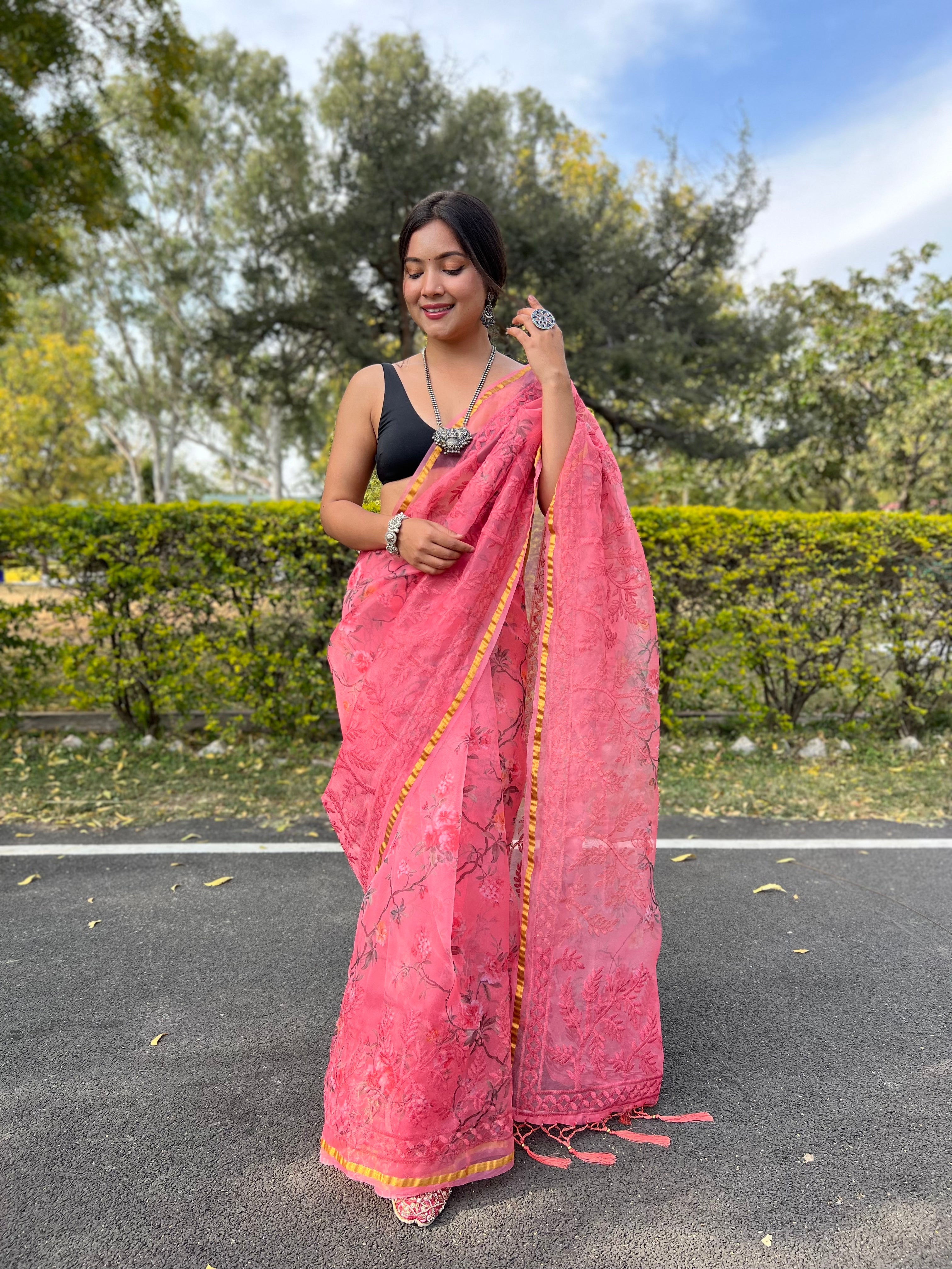 Peach Organza Saree With Satin Benglori Blouse