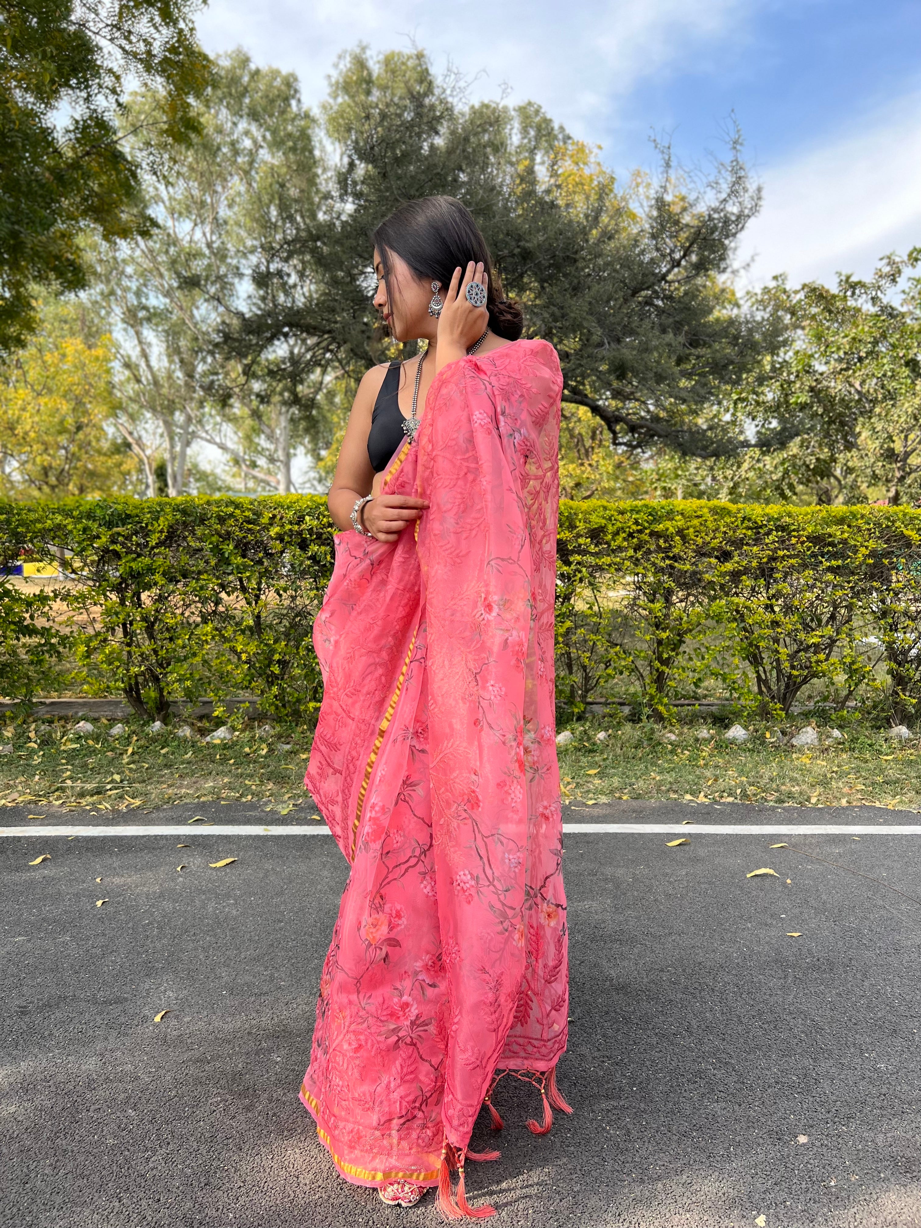 Peach Organza Saree With Satin Benglori Blouse