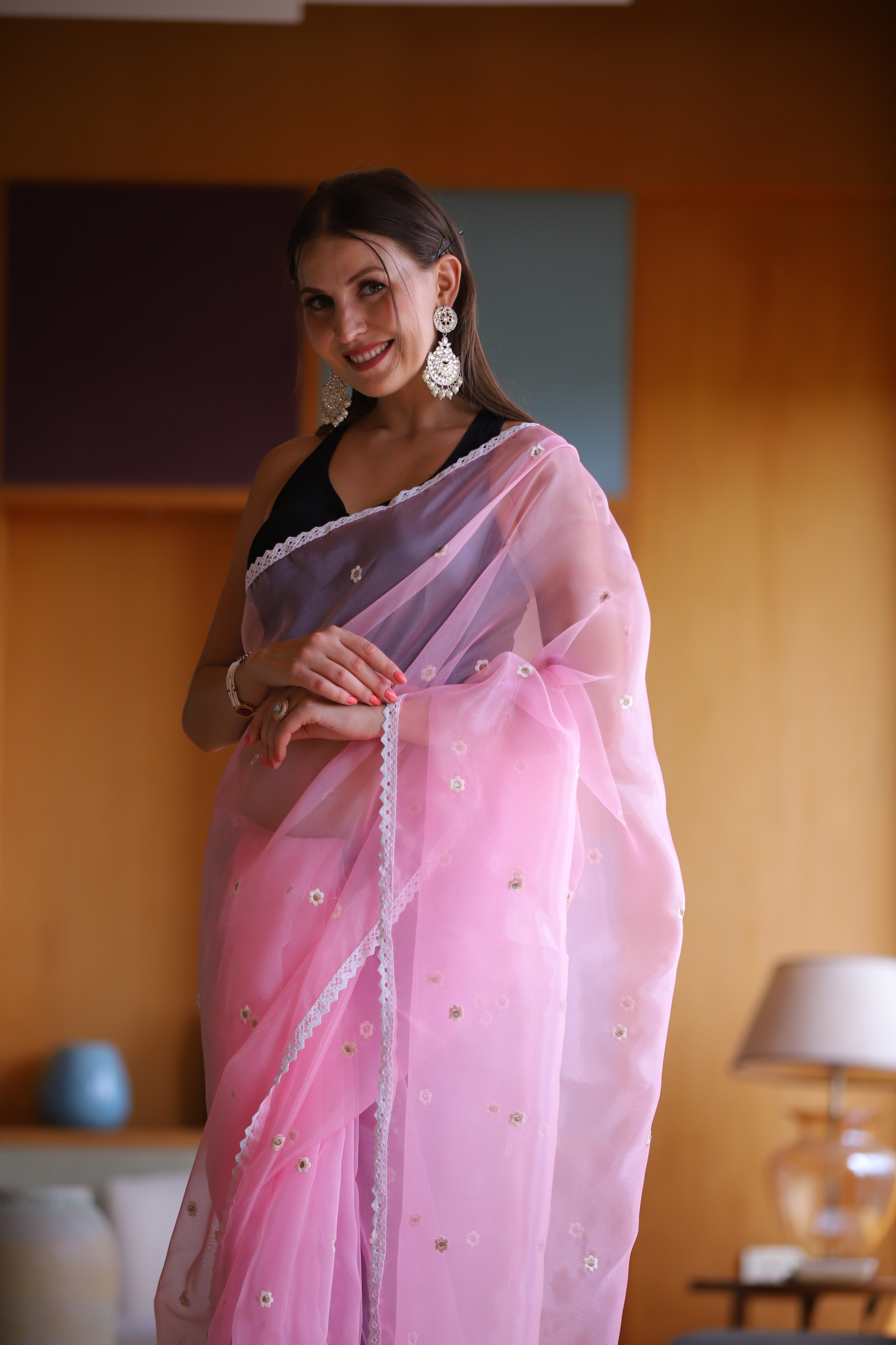 Pink Oragnza Saree With Satin Benglori Blouse