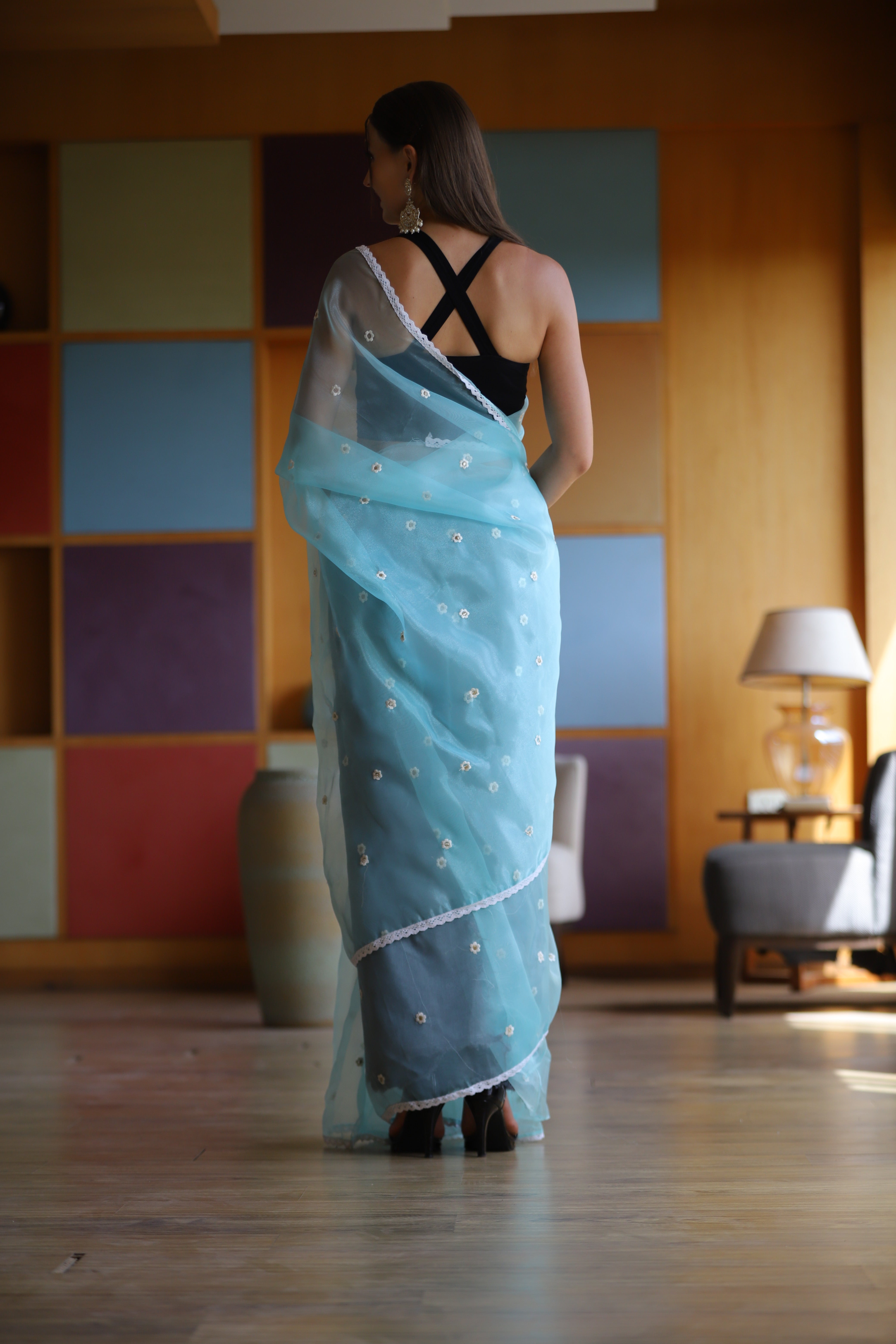 Sky Oragnza Saree With Satin Benglori Blouse