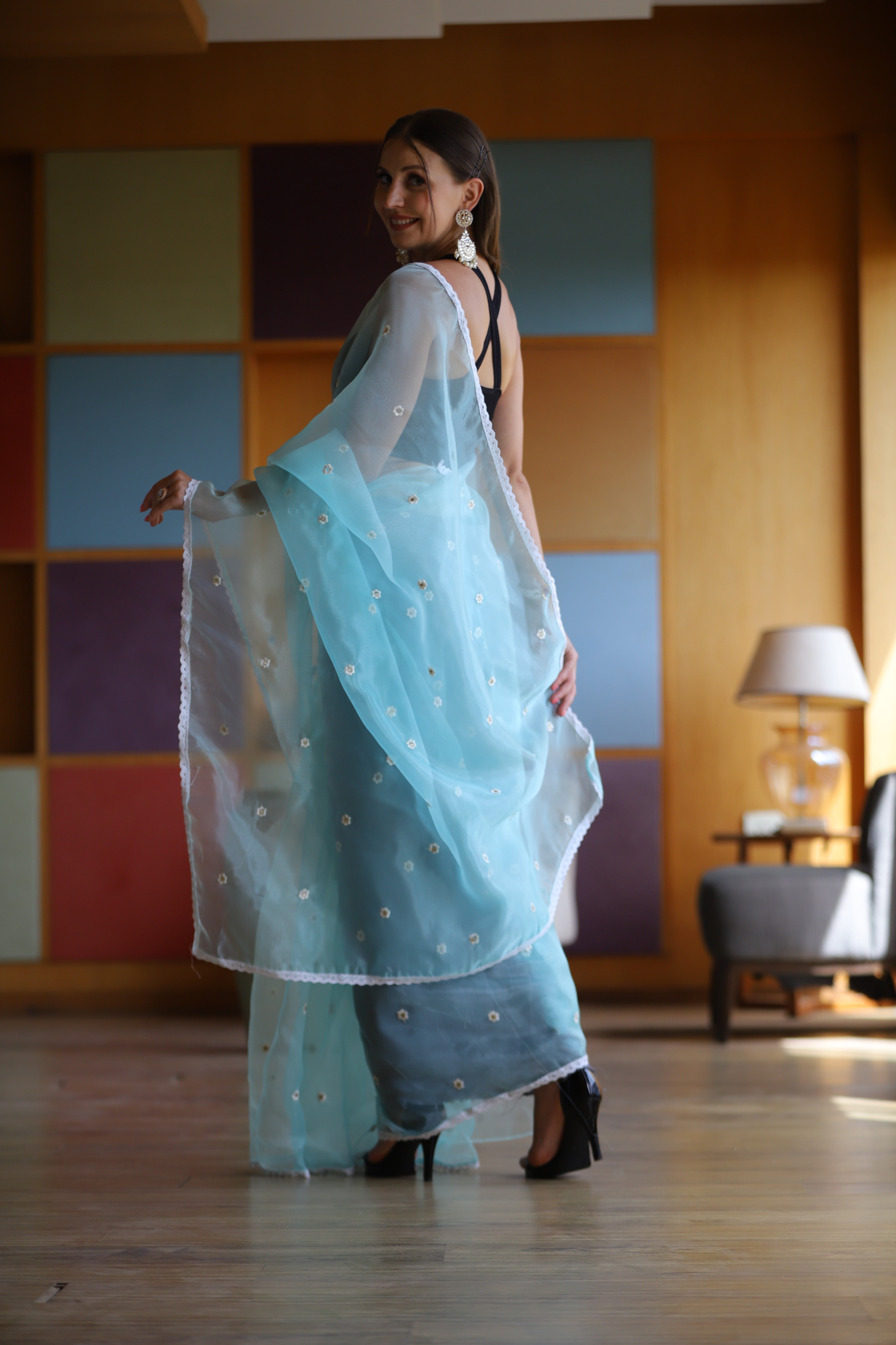 Sky Oragnza Saree With Satin Benglori Blouse