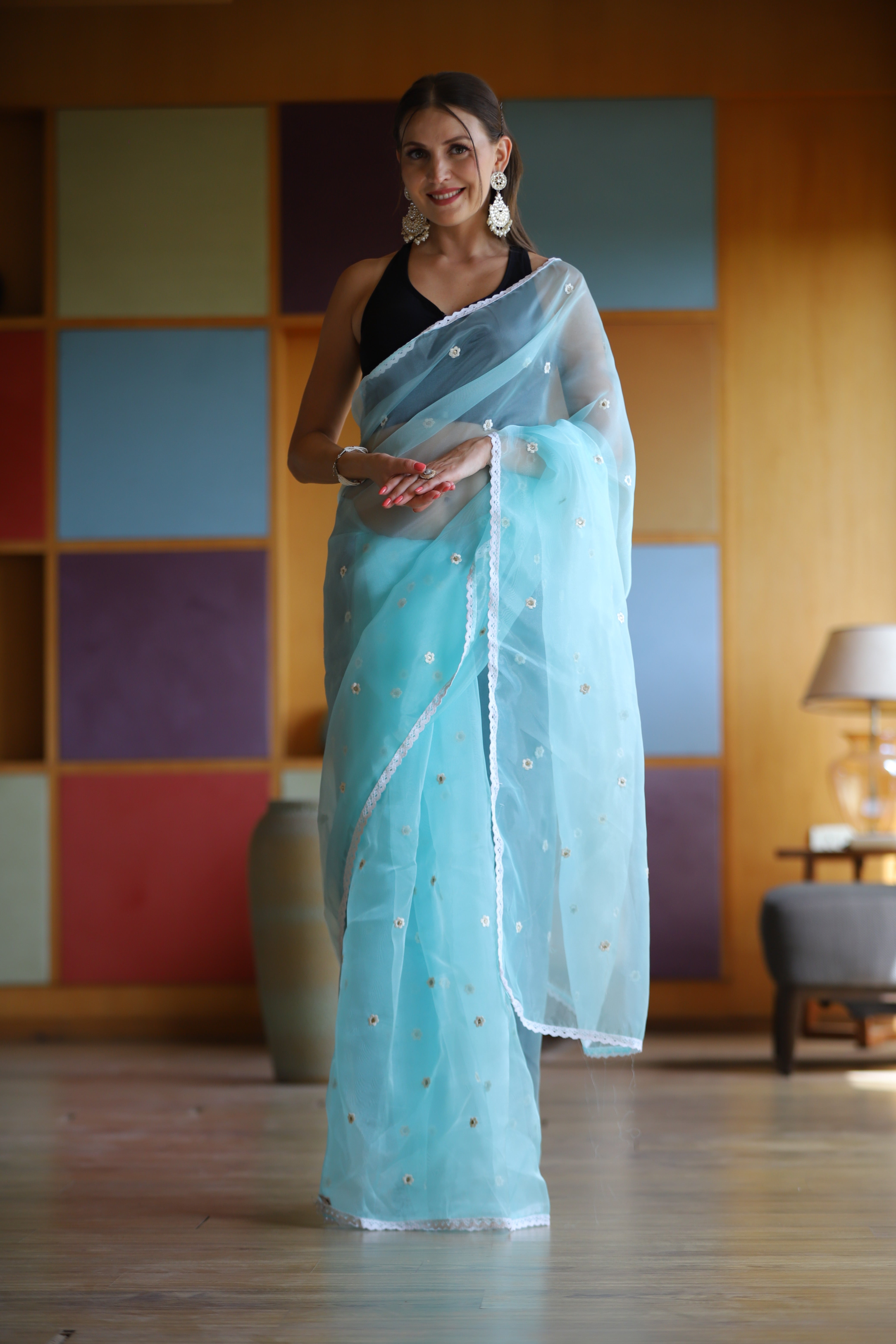 Sky Oragnza Saree With Satin Benglori Blouse