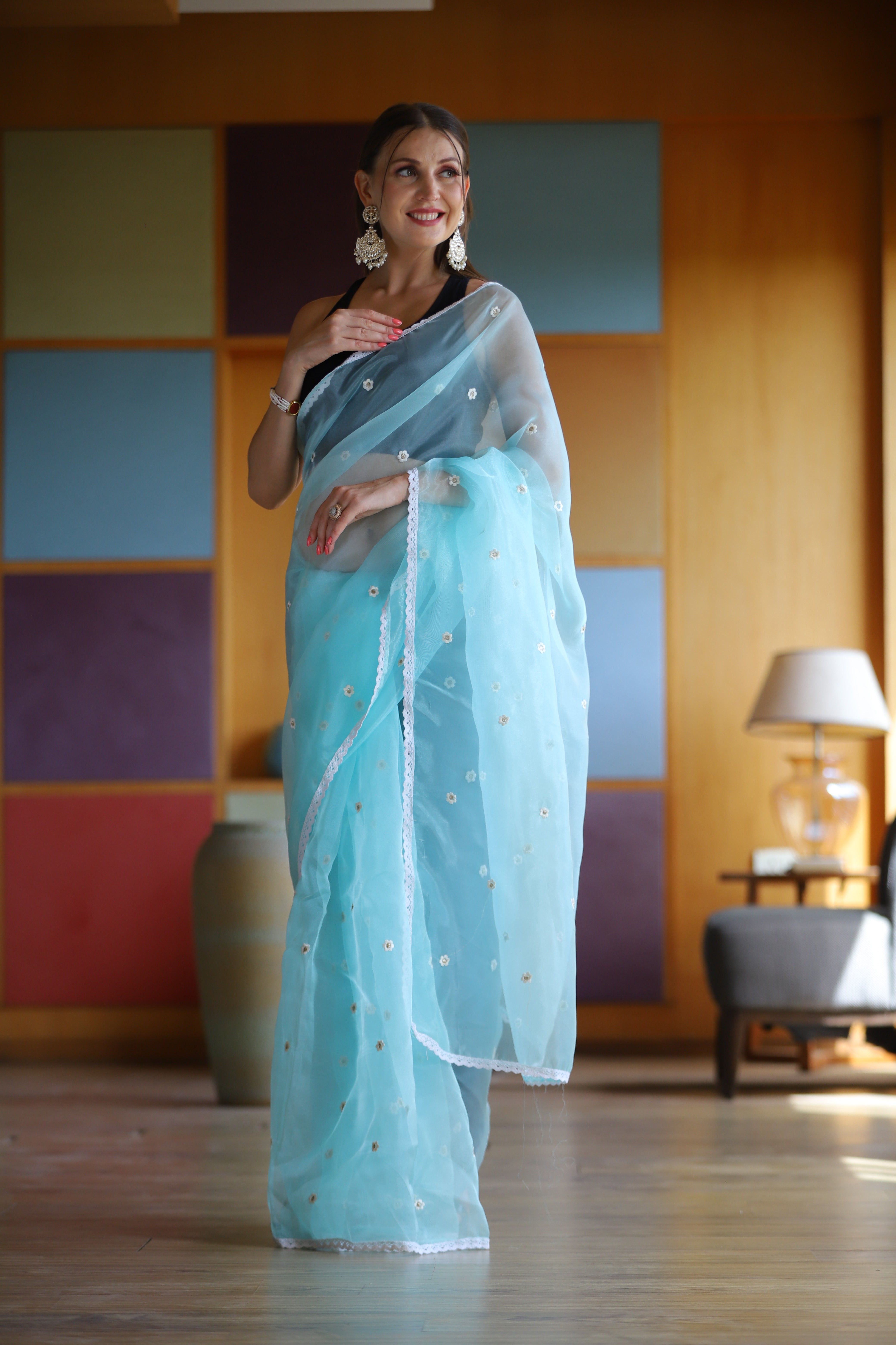 Sky Oragnza Saree With Satin Benglori Blouse