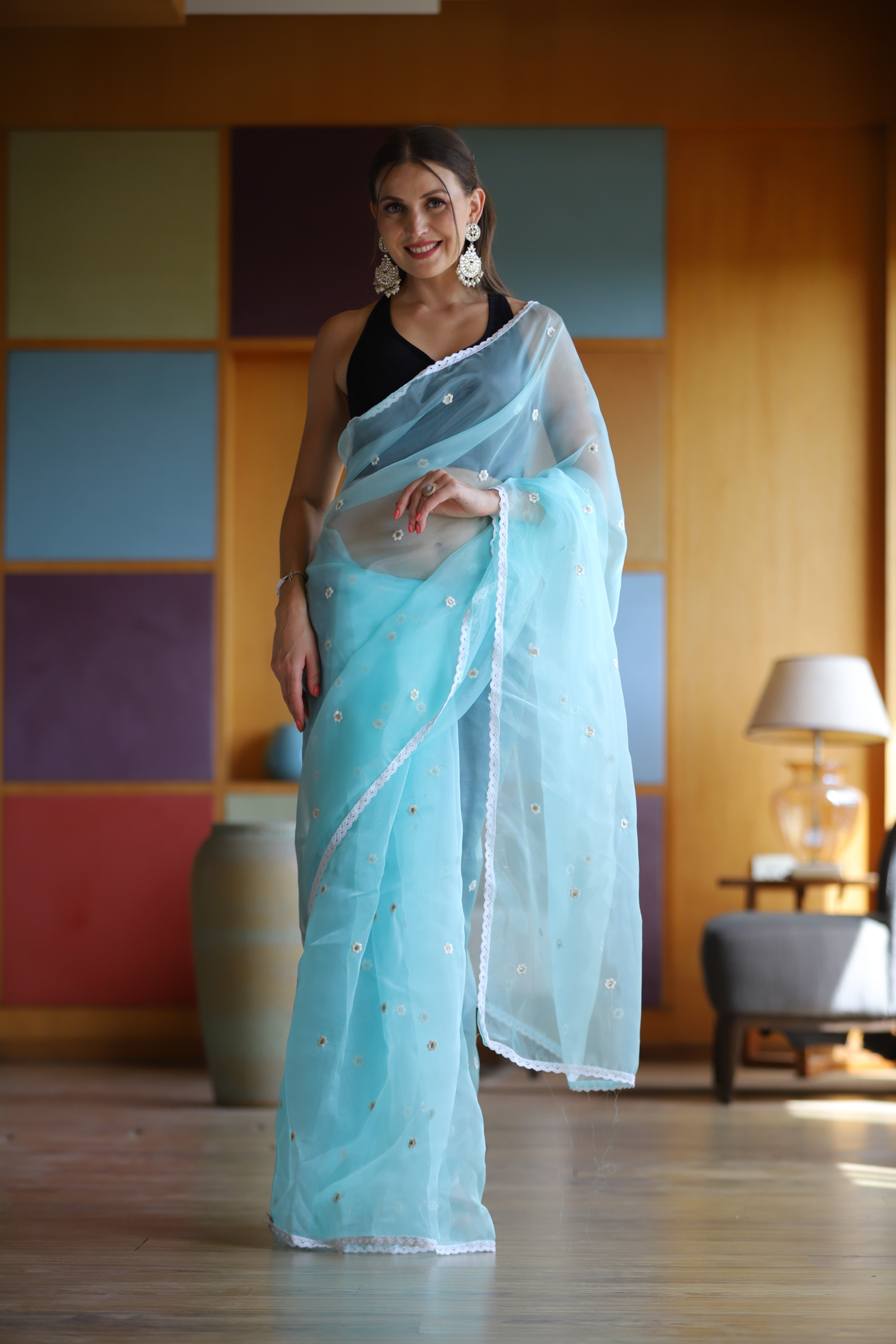 Sky Oragnza Saree With Satin Benglori Blouse