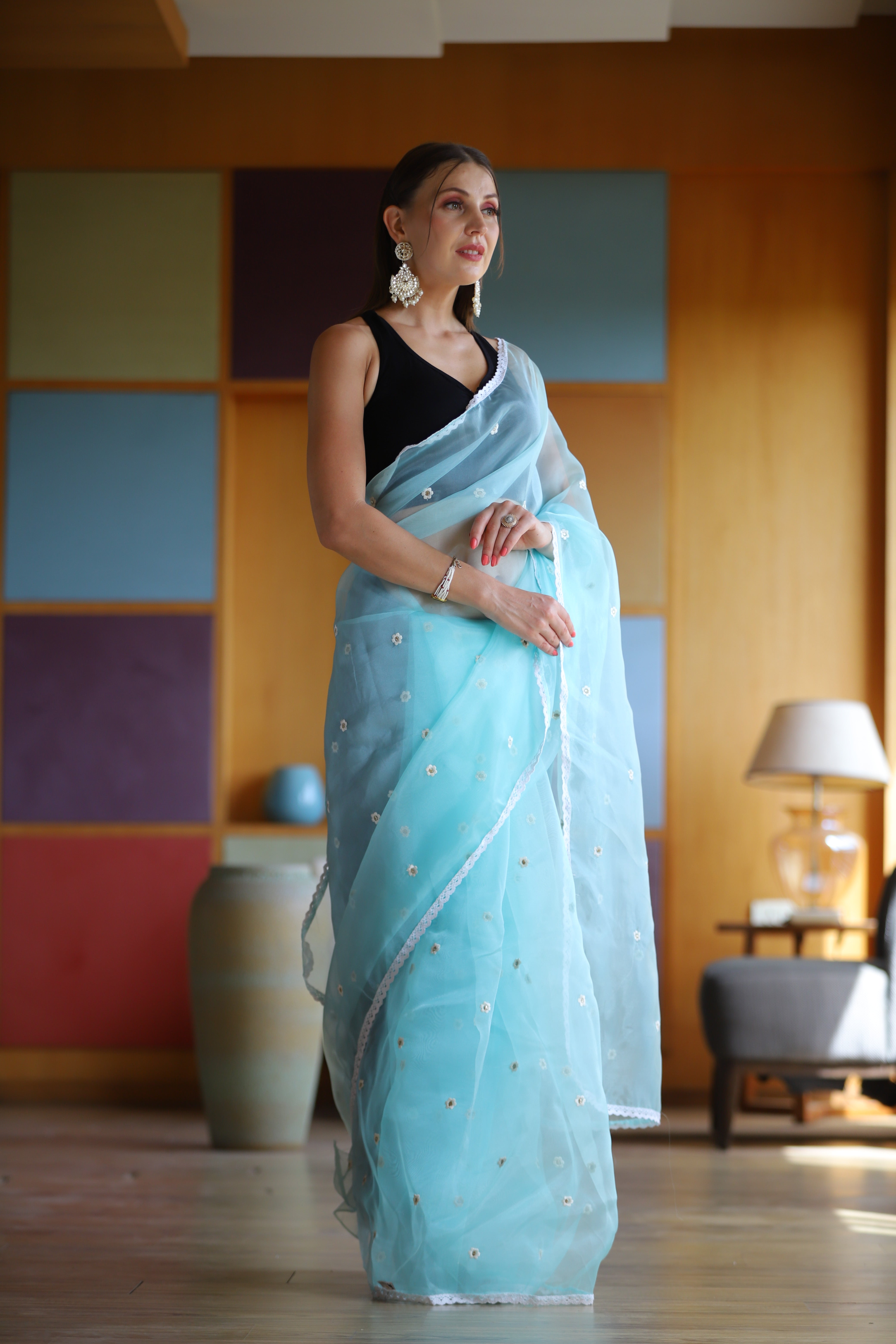 Sky Oragnza Saree With Satin Benglori Blouse