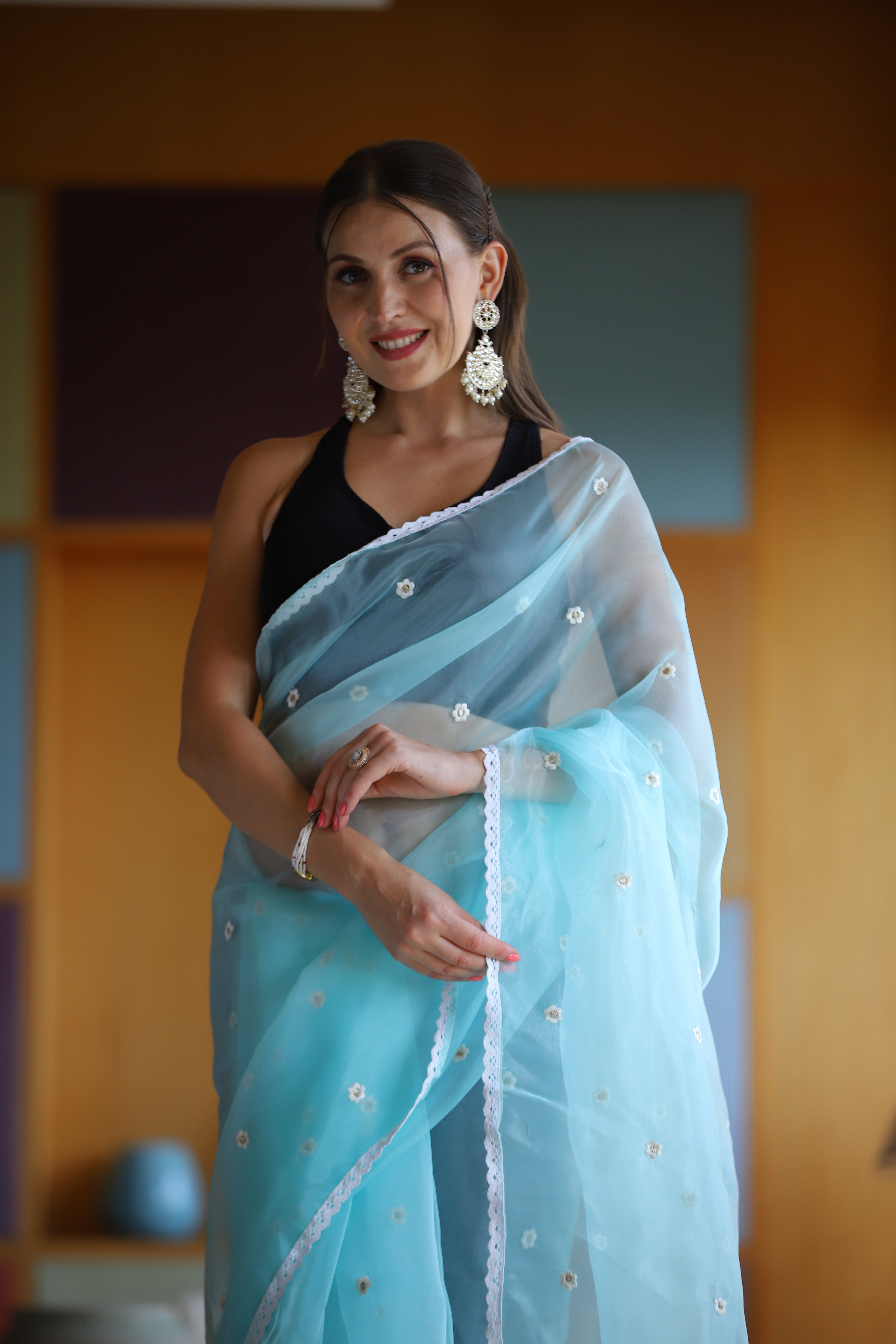 Sky Oragnza Saree With Satin Benglori Blouse