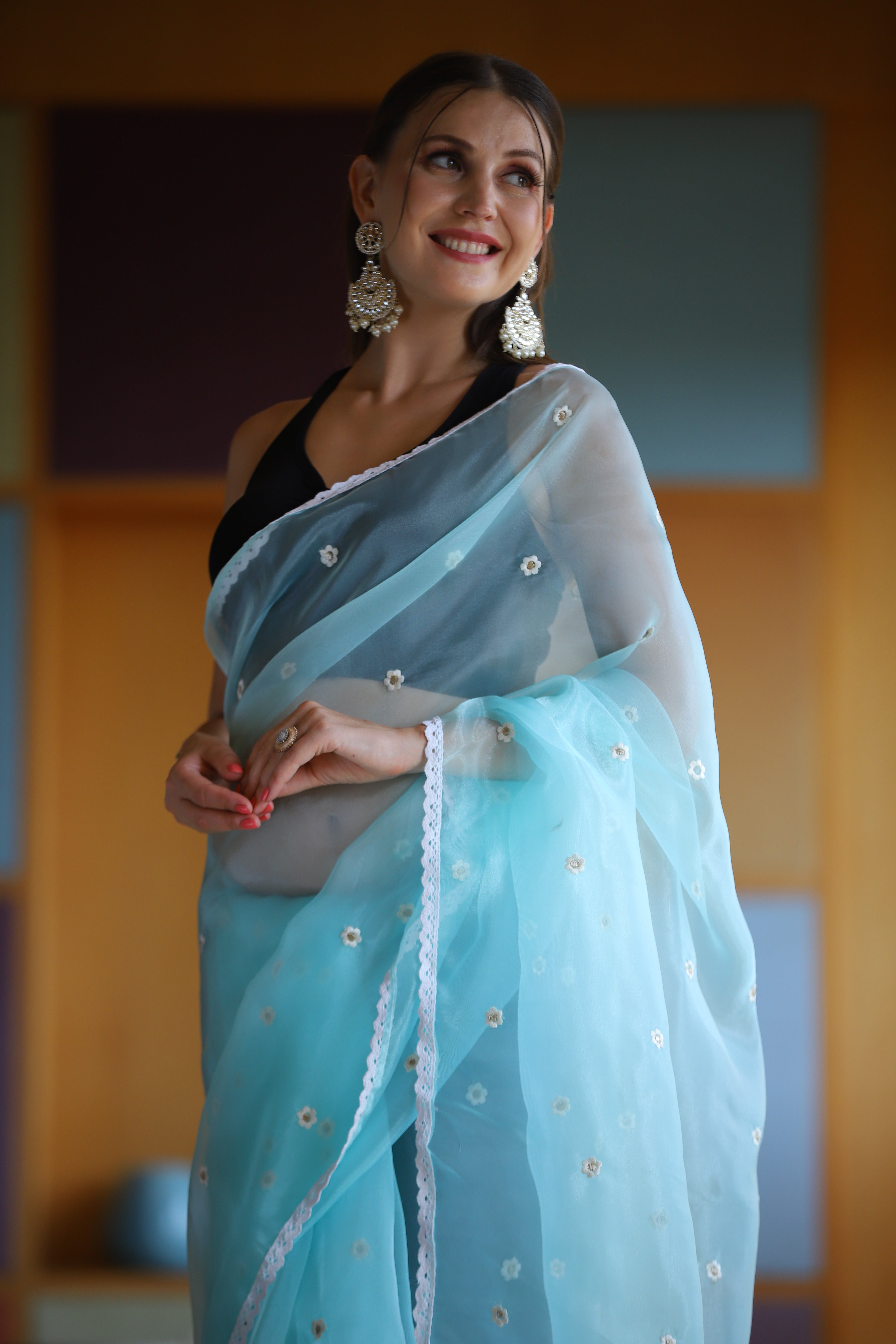 Sky Oragnza Saree With Satin Benglori Blouse