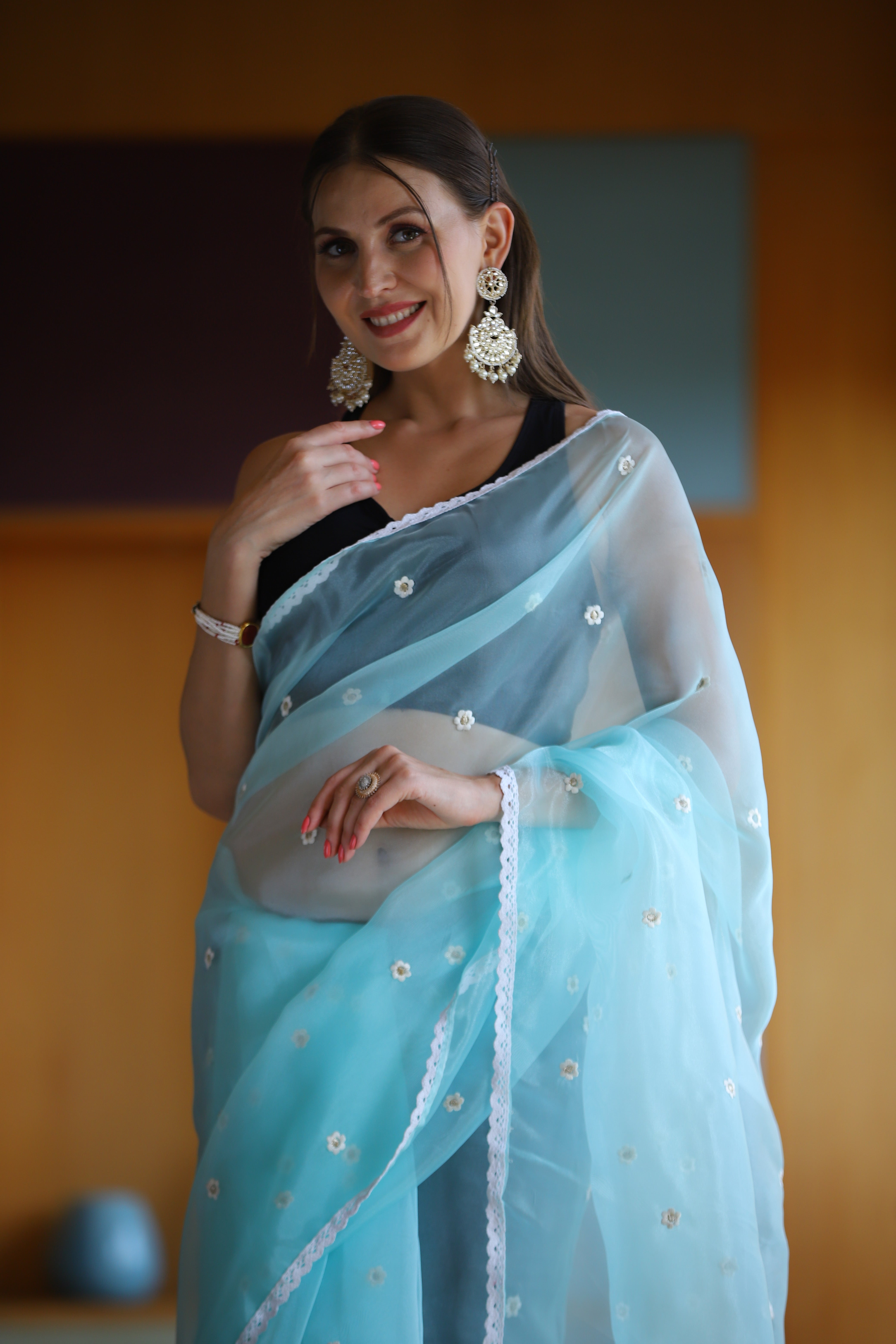 Sky Oragnza Saree With Satin Benglori Blouse