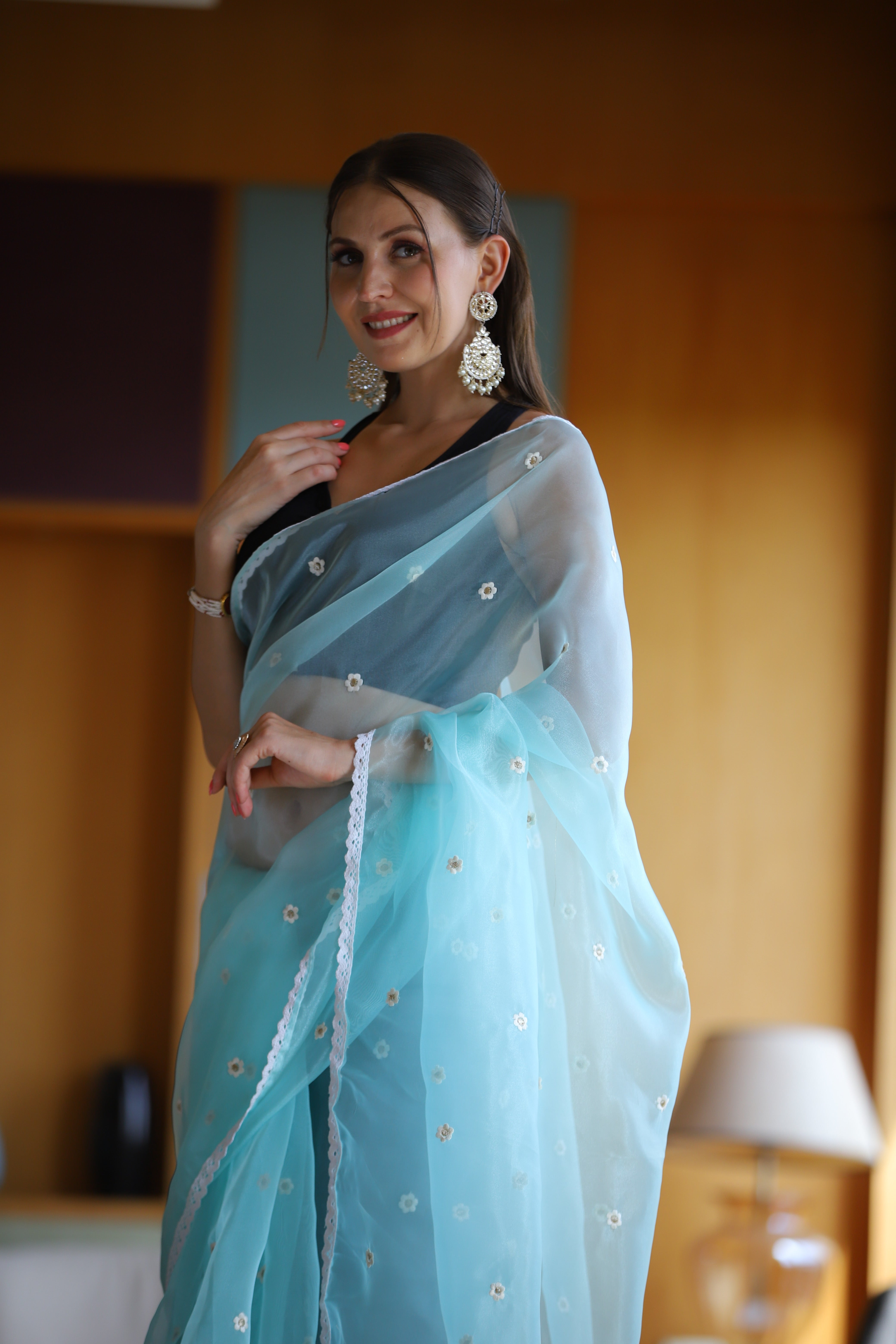 Sky Oragnza Saree With Satin Benglori Blouse