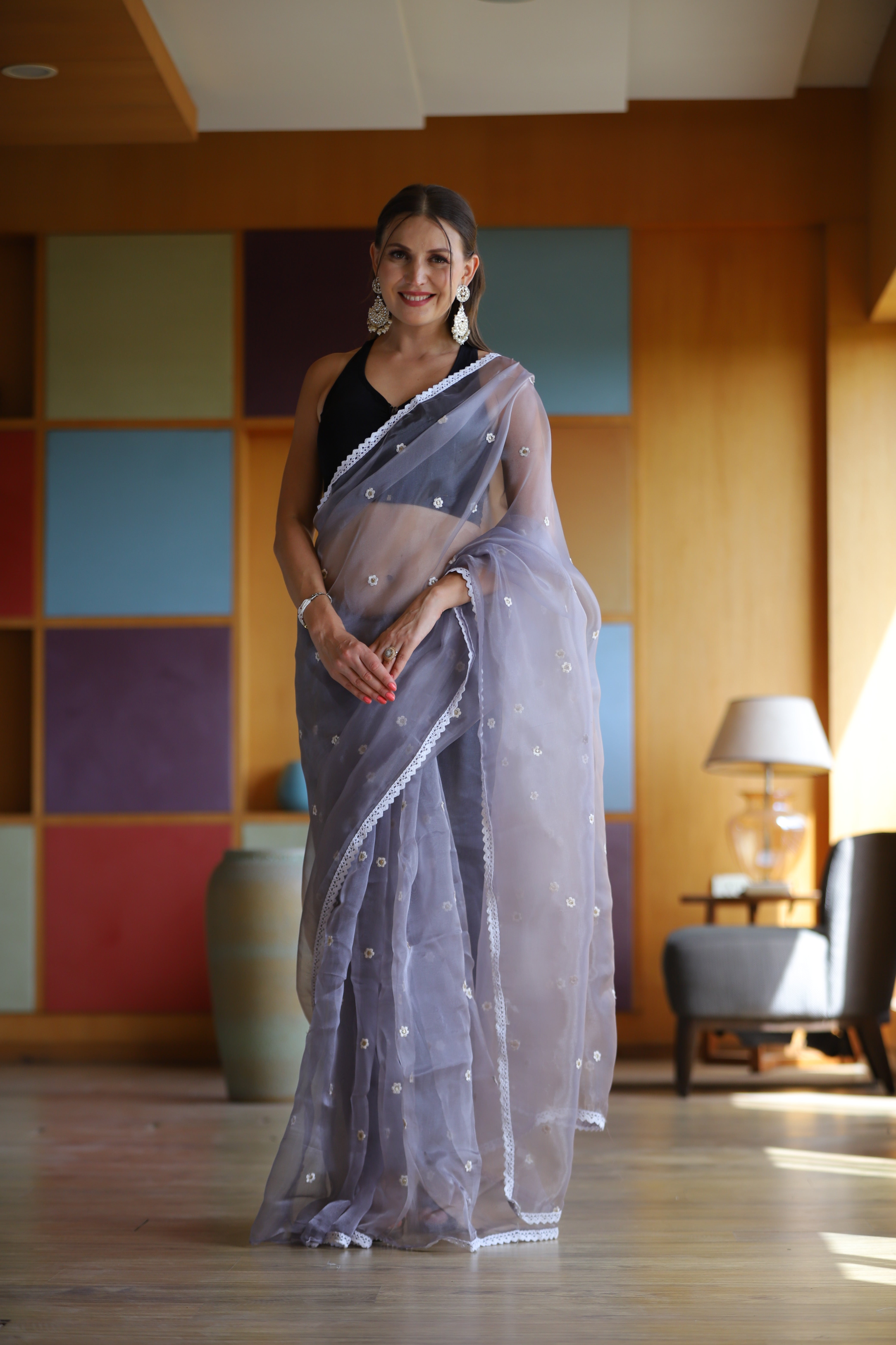 Purple Oragnza Saree With Satin Benglori Blouse