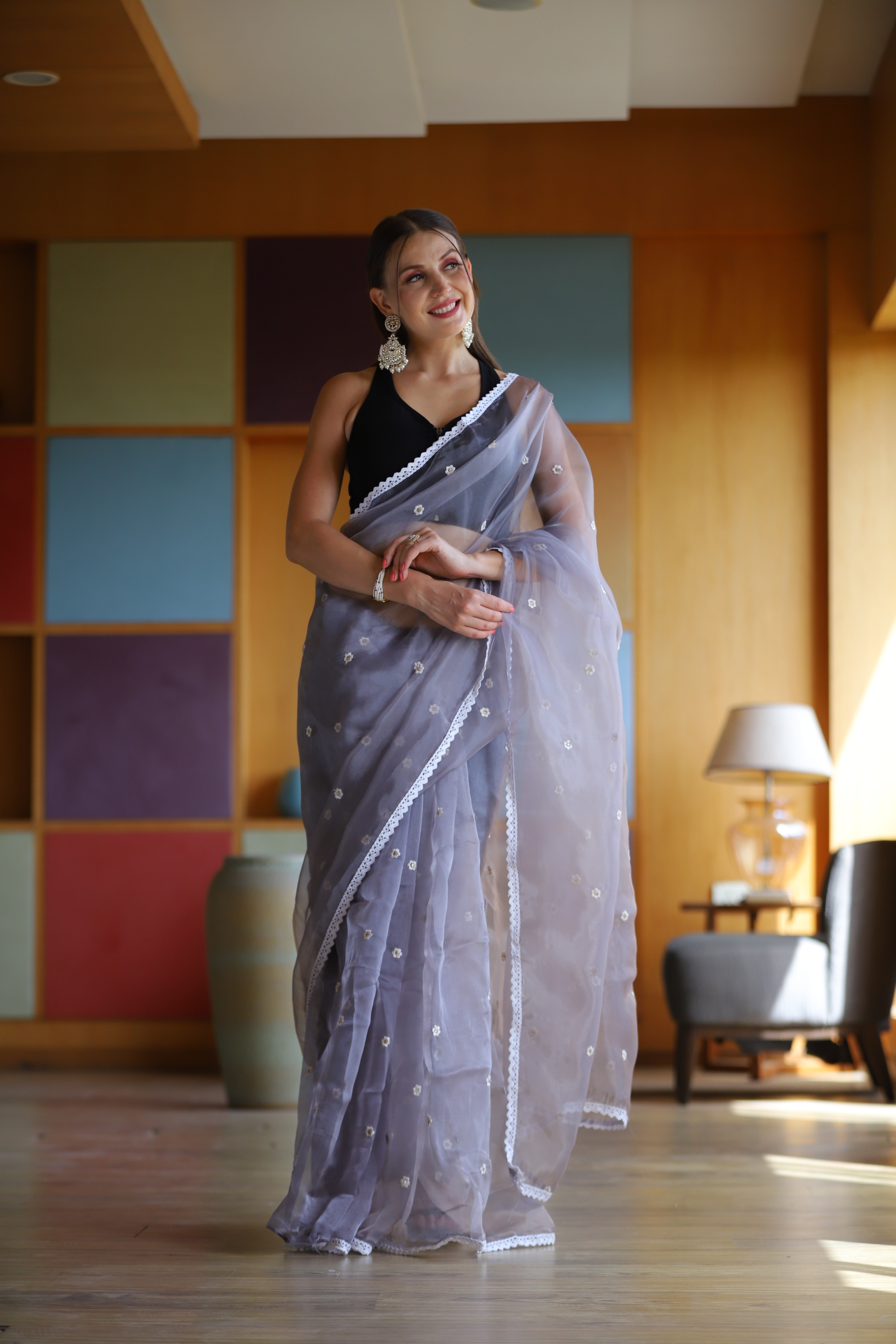 Purple Oragnza Saree With Satin Benglori Blouse