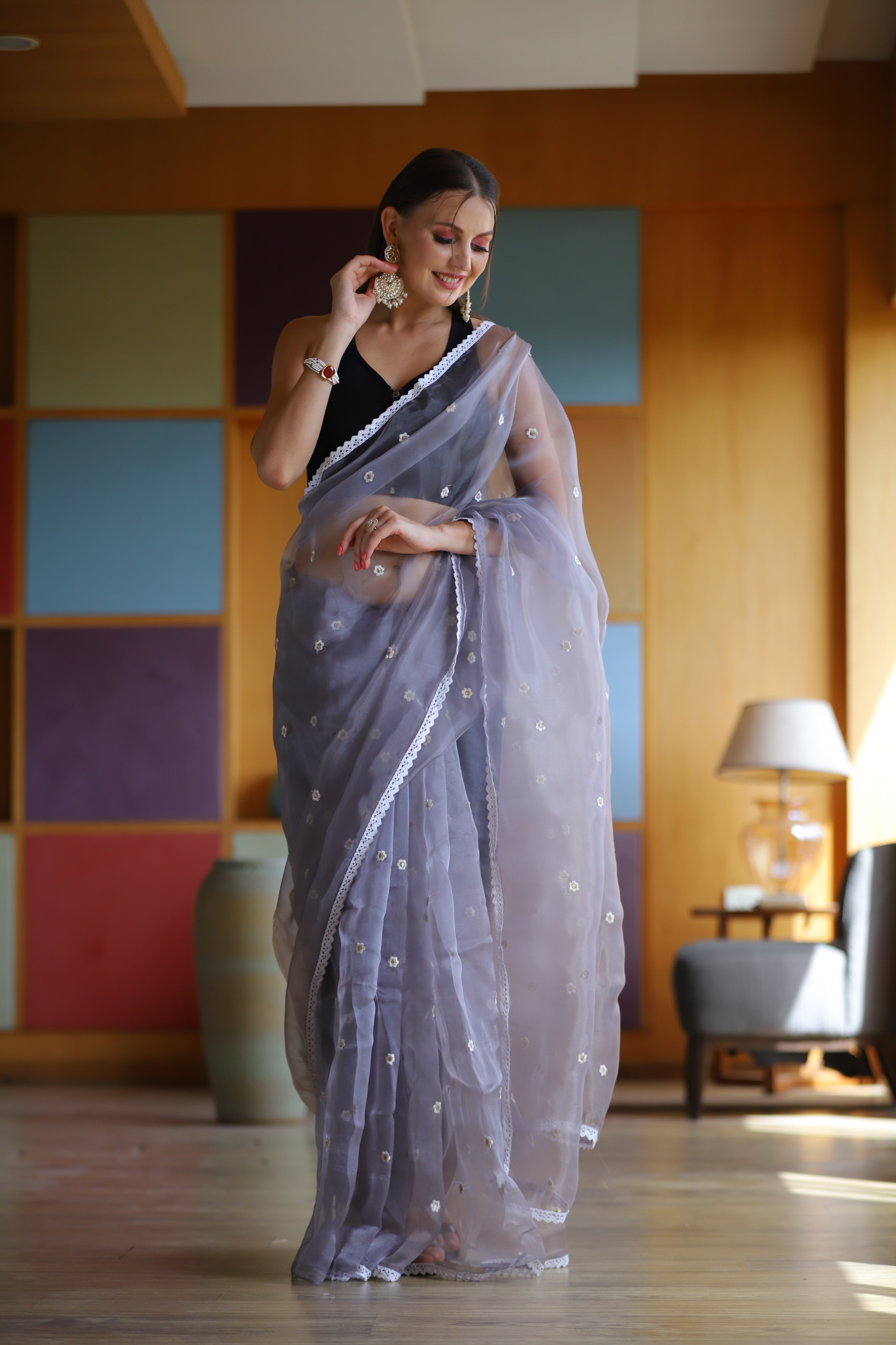 Purple Oragnza Saree With Satin Benglori Blouse