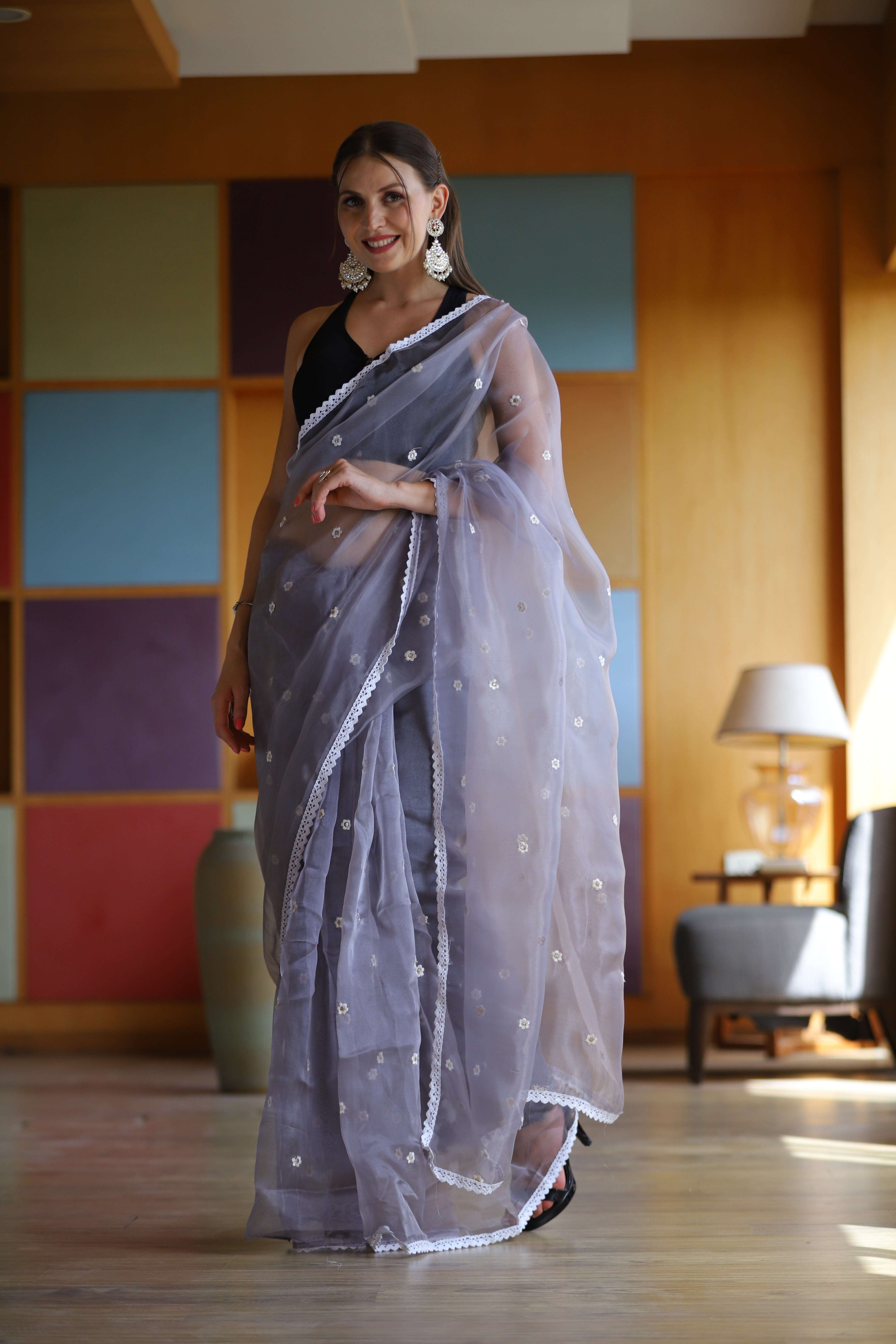 Purple Oragnza Saree With Satin Benglori Blouse