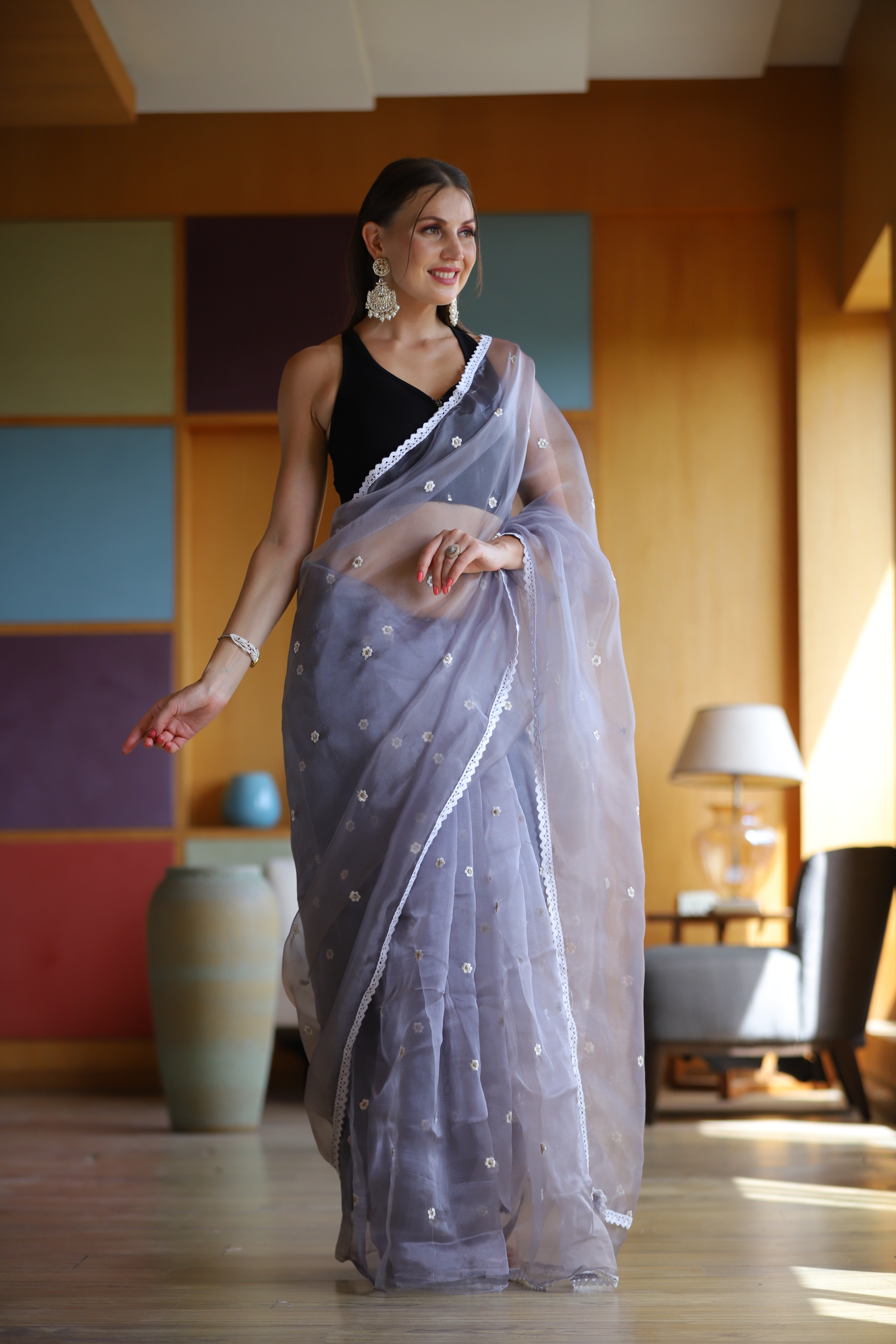 Purple Oragnza Saree With Satin Benglori Blouse