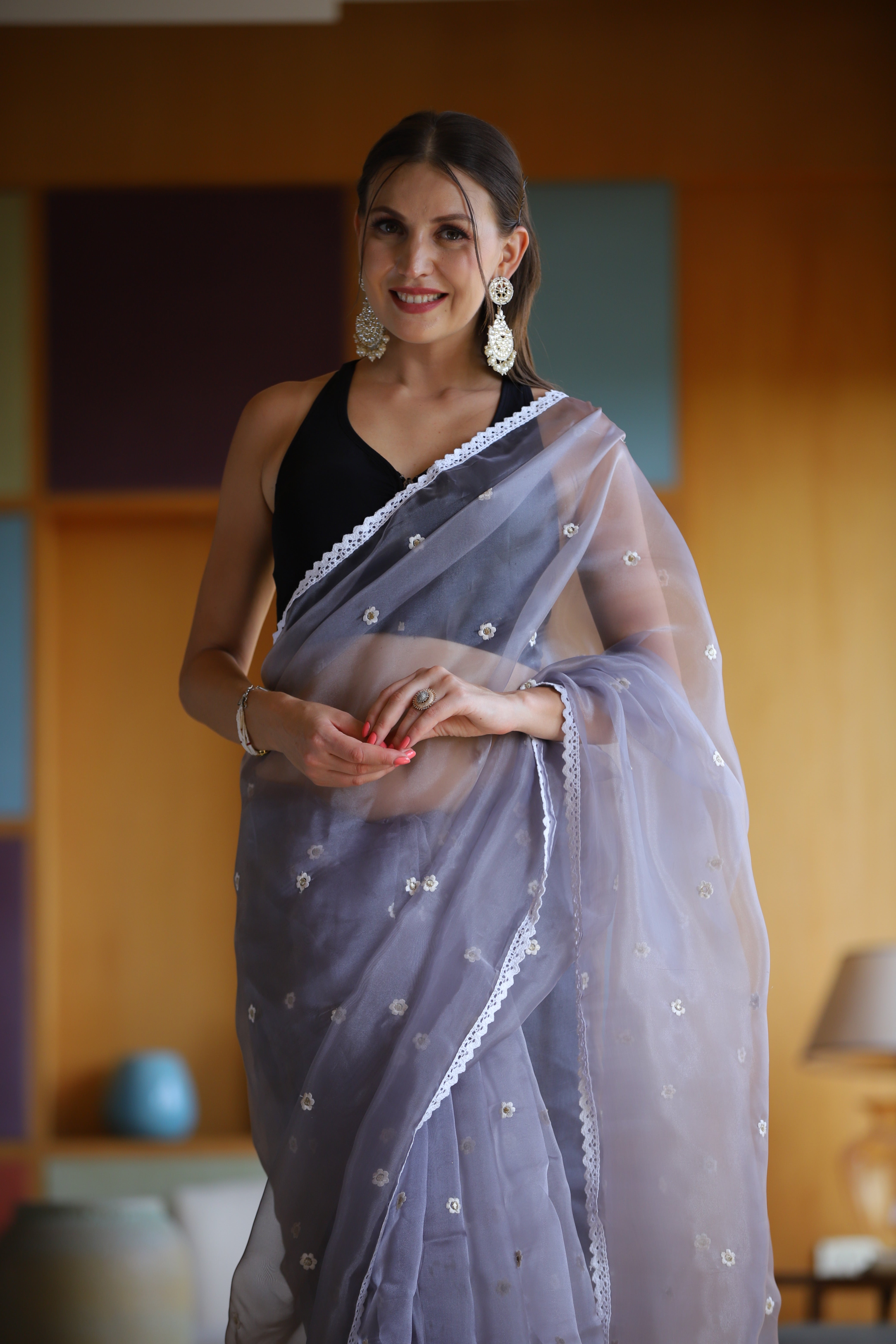 Purple Oragnza Saree With Satin Benglori Blouse