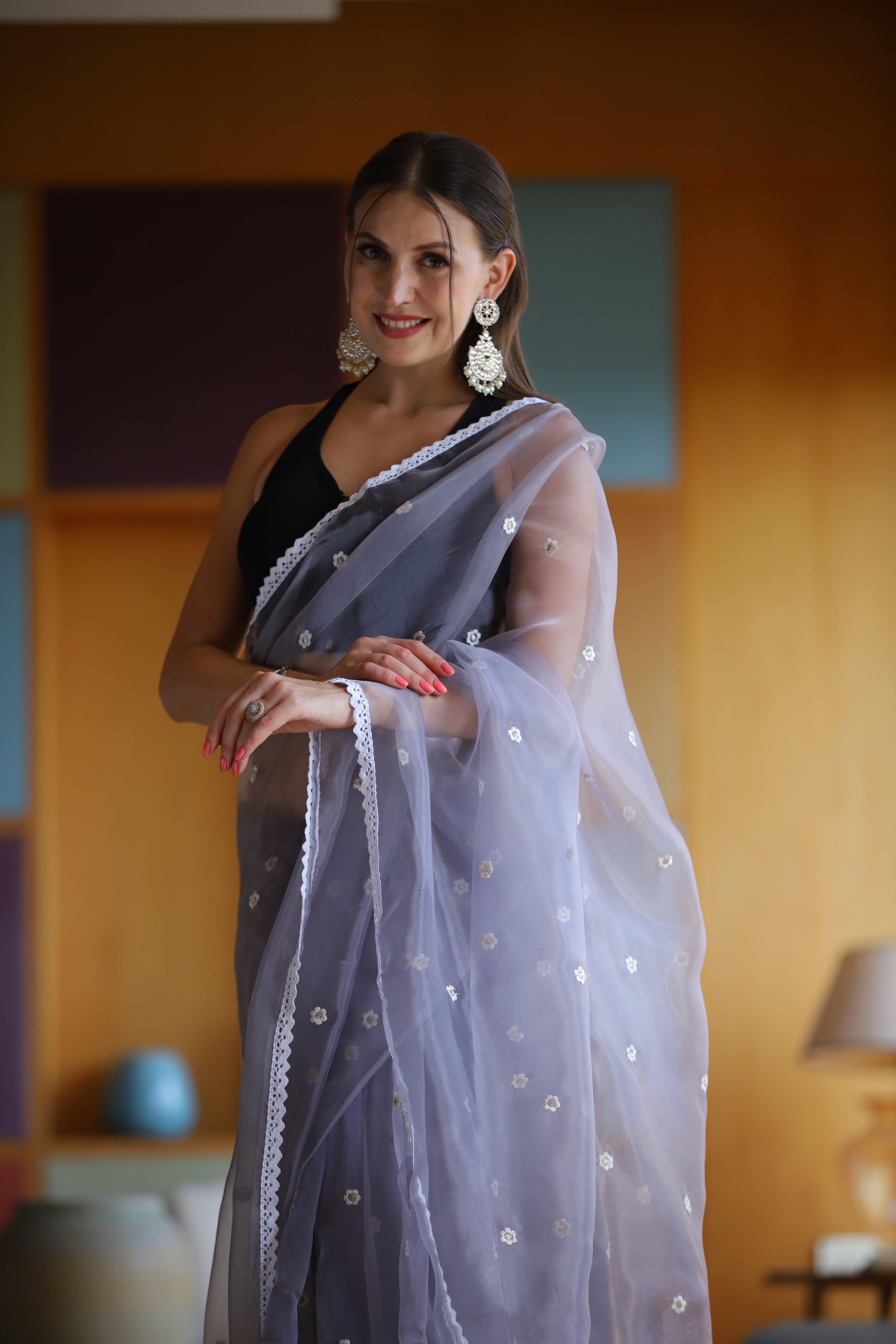 Purple Oragnza Saree With Satin Benglori Blouse