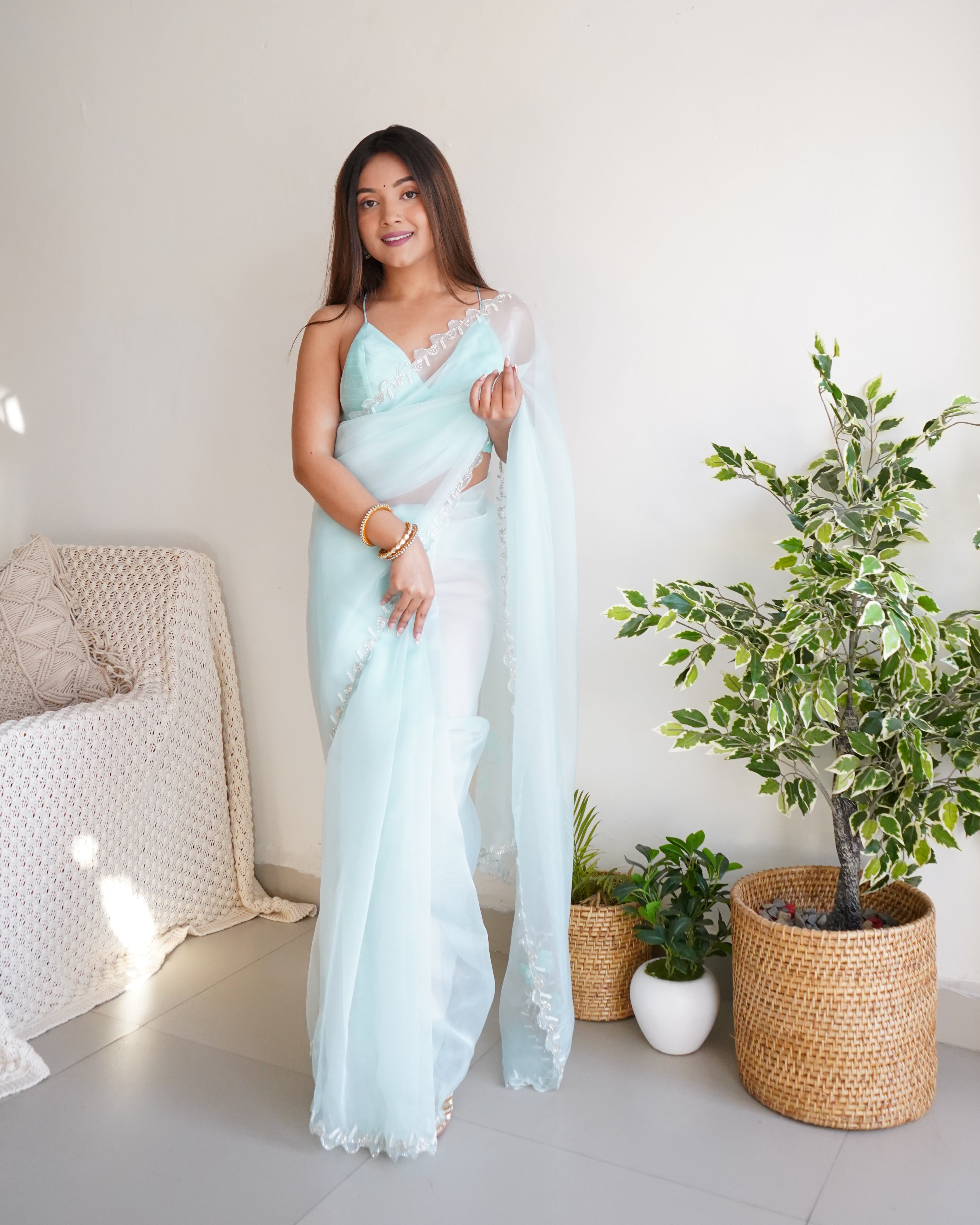 Sky Organza Saree With Chikankari Blouse