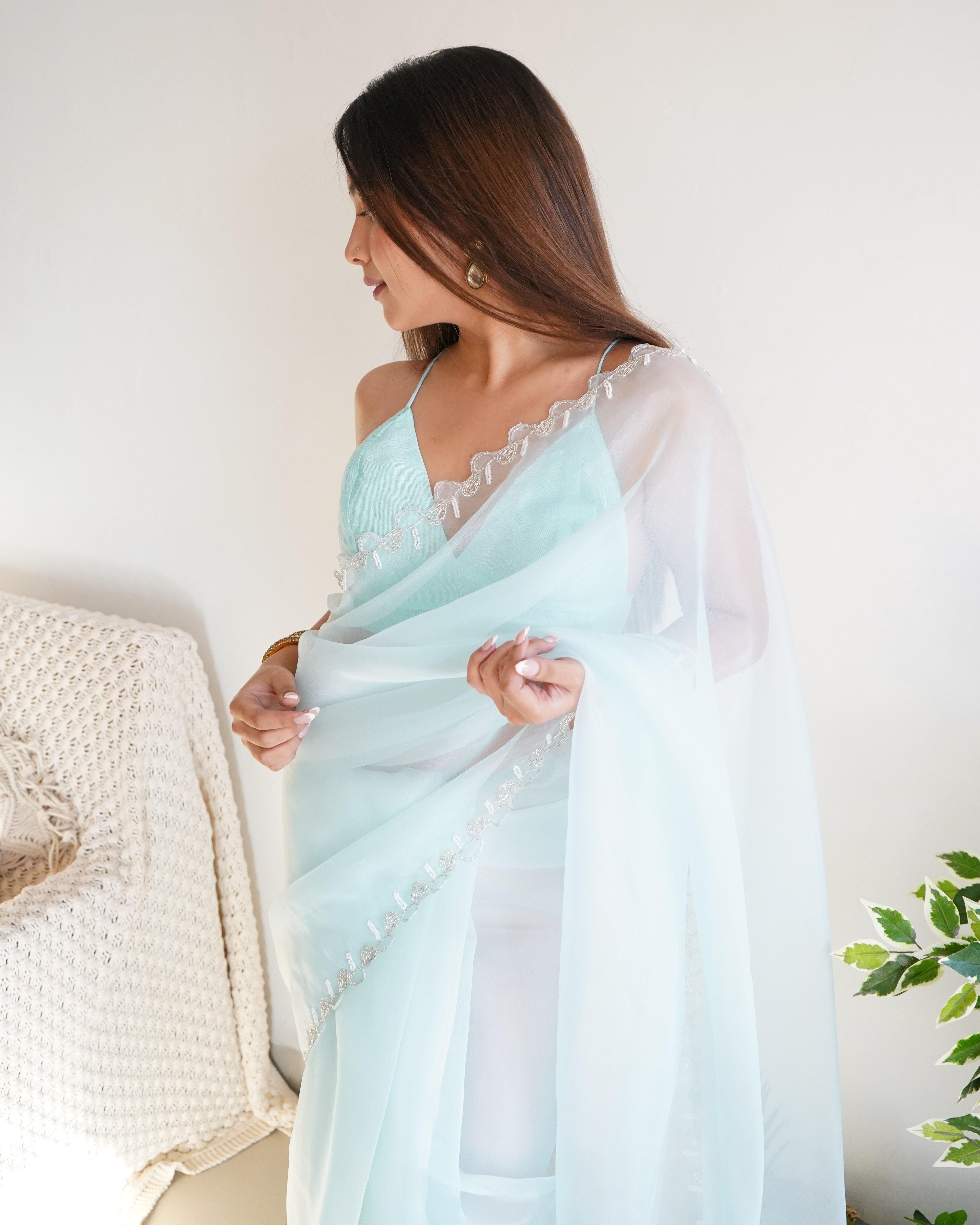 Sky Organza Saree With Chikankari Blouse