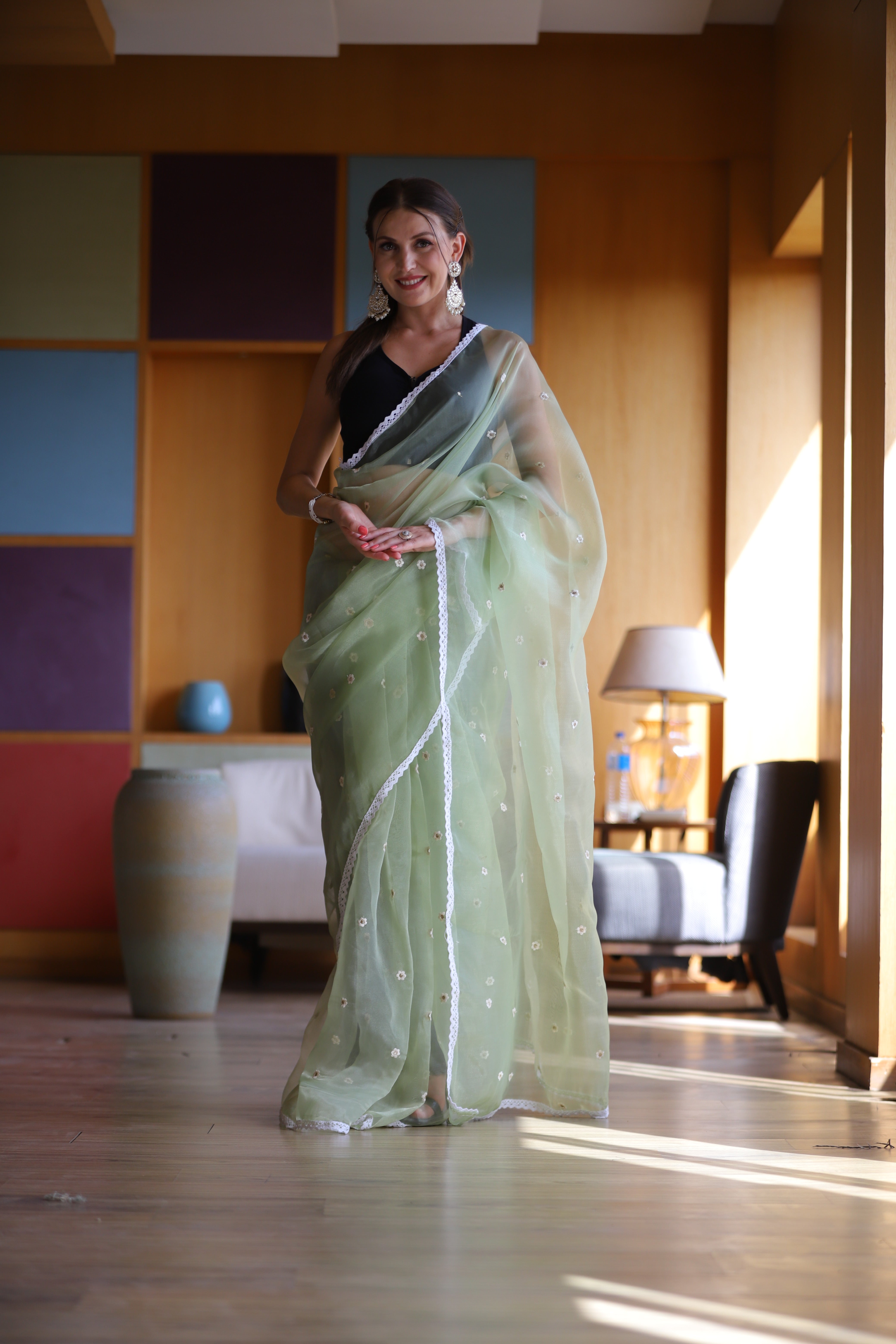 GREEN Oragnza Saree With Satin Benglori Blouse