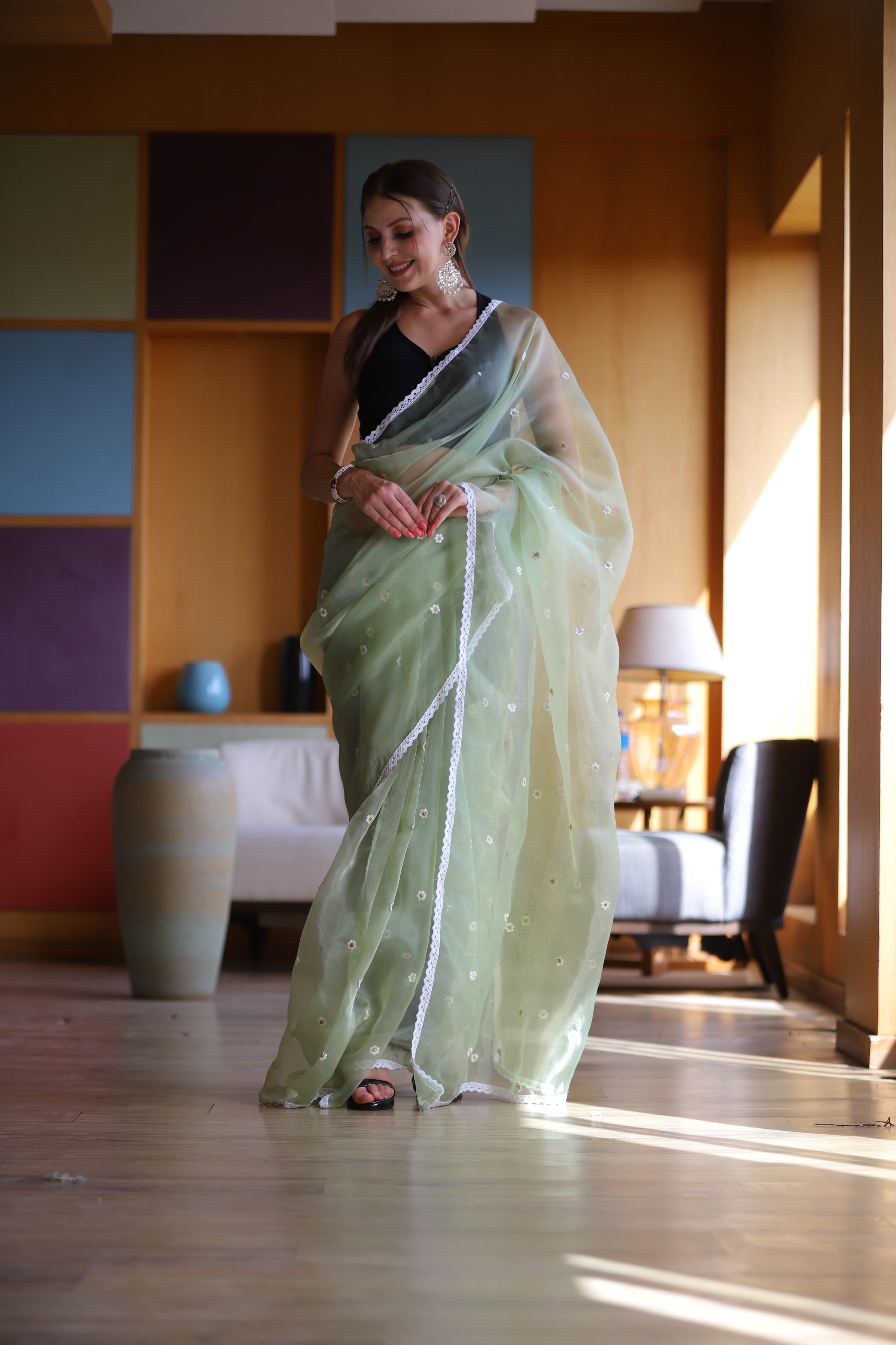 GREEN Oragnza Saree With Satin Benglori Blouse