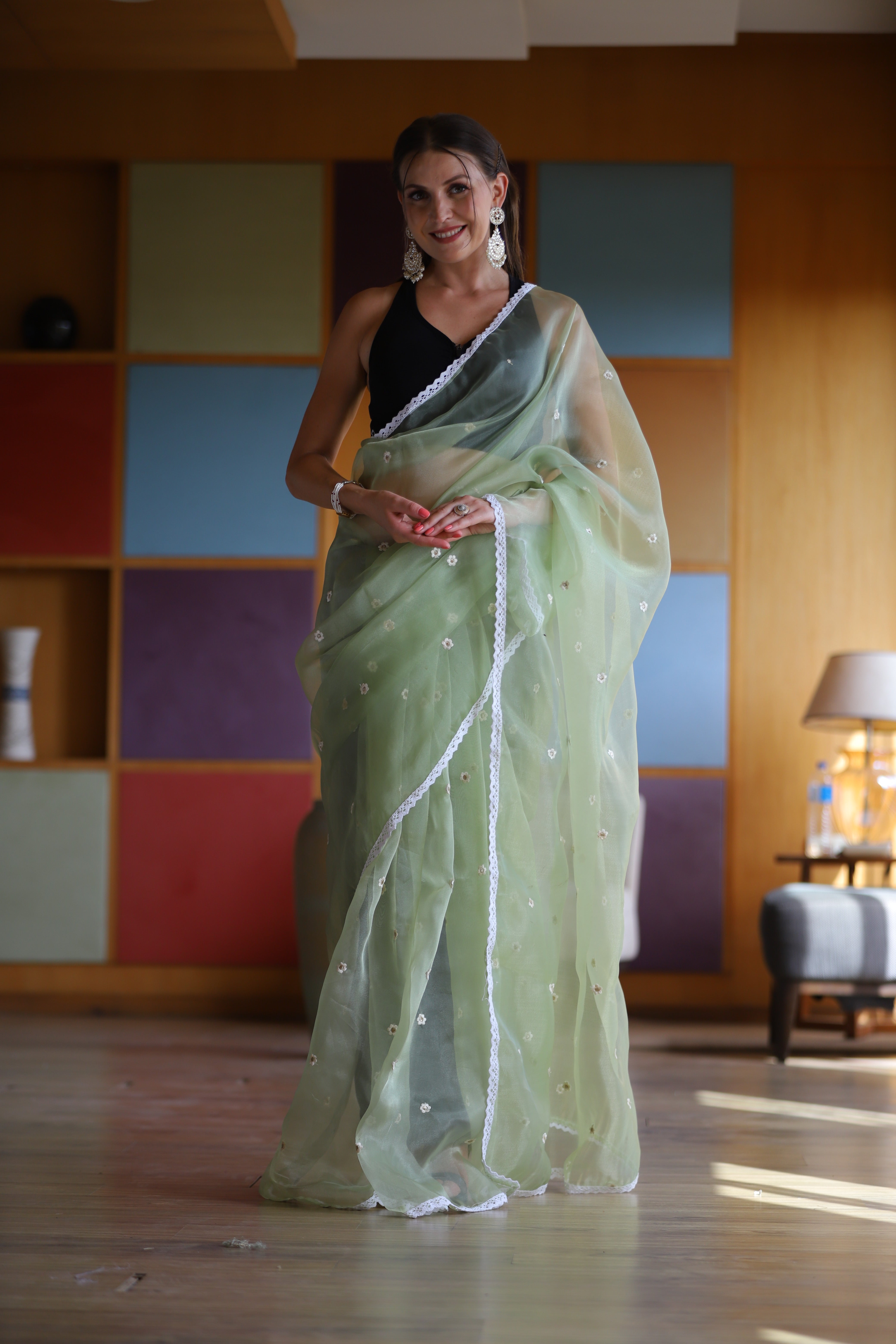 GREEN Oragnza Saree With Satin Benglori Blouse