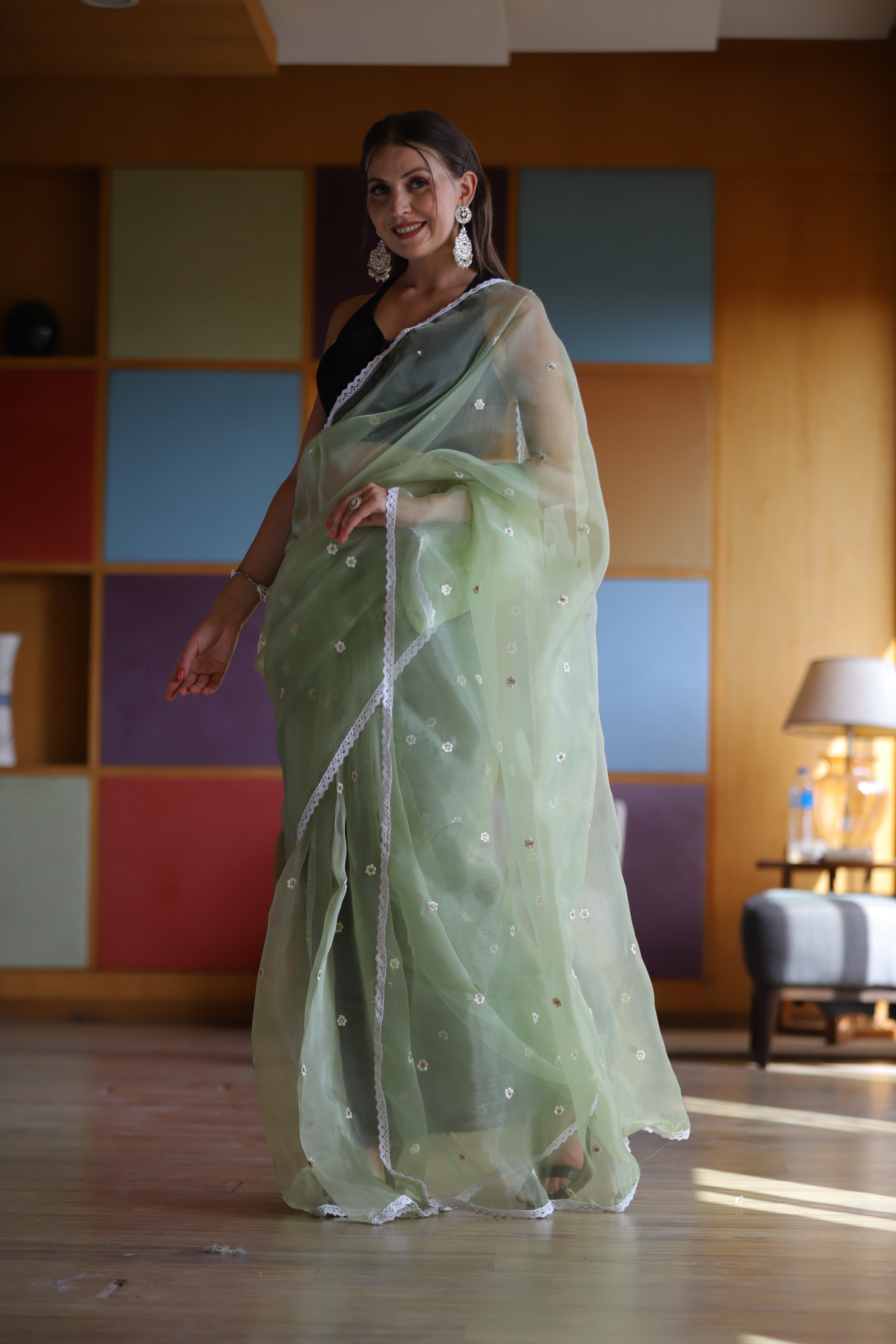 GREEN Oragnza Saree With Satin Benglori Blouse