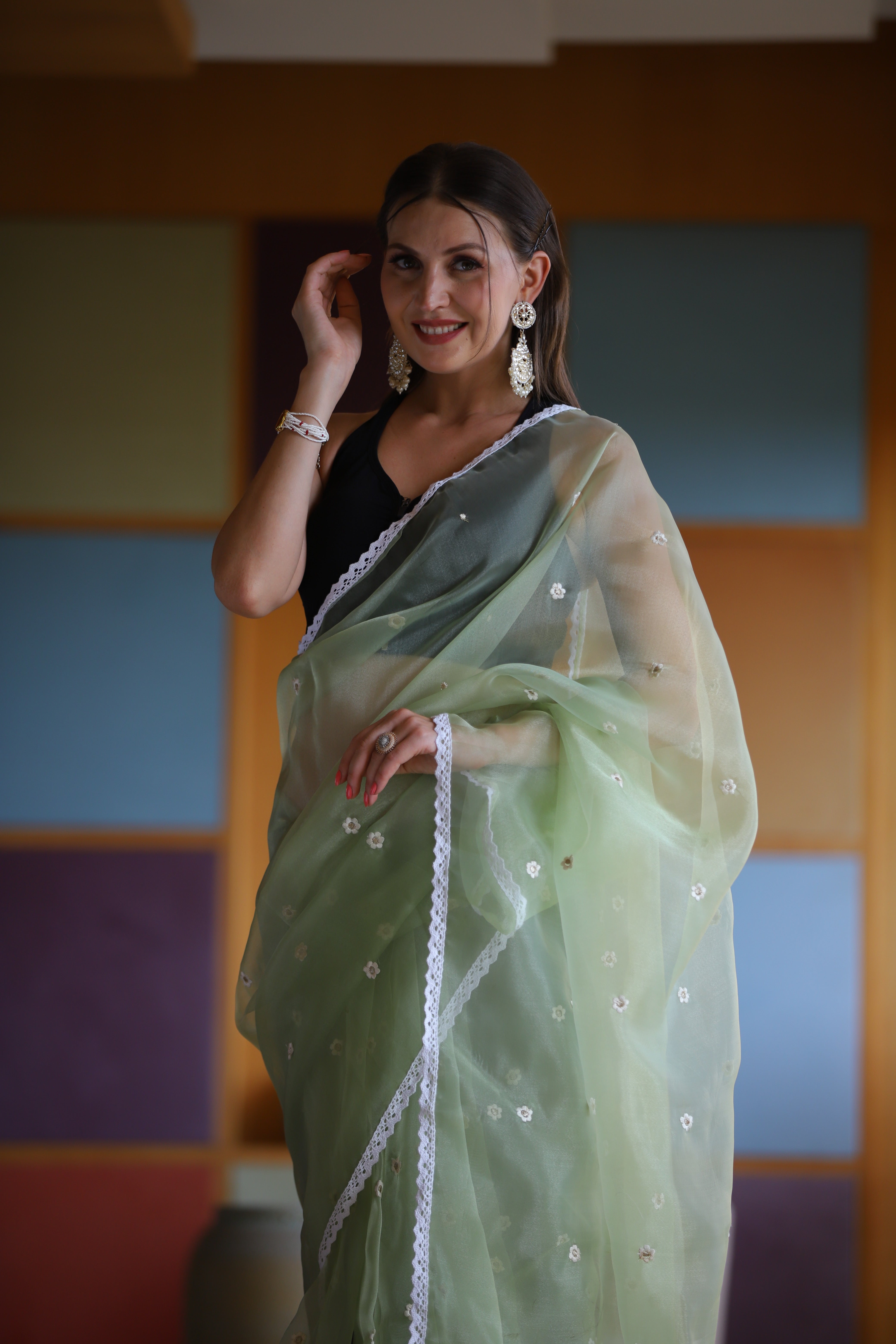 GREEN Oragnza Saree With Satin Benglori Blouse