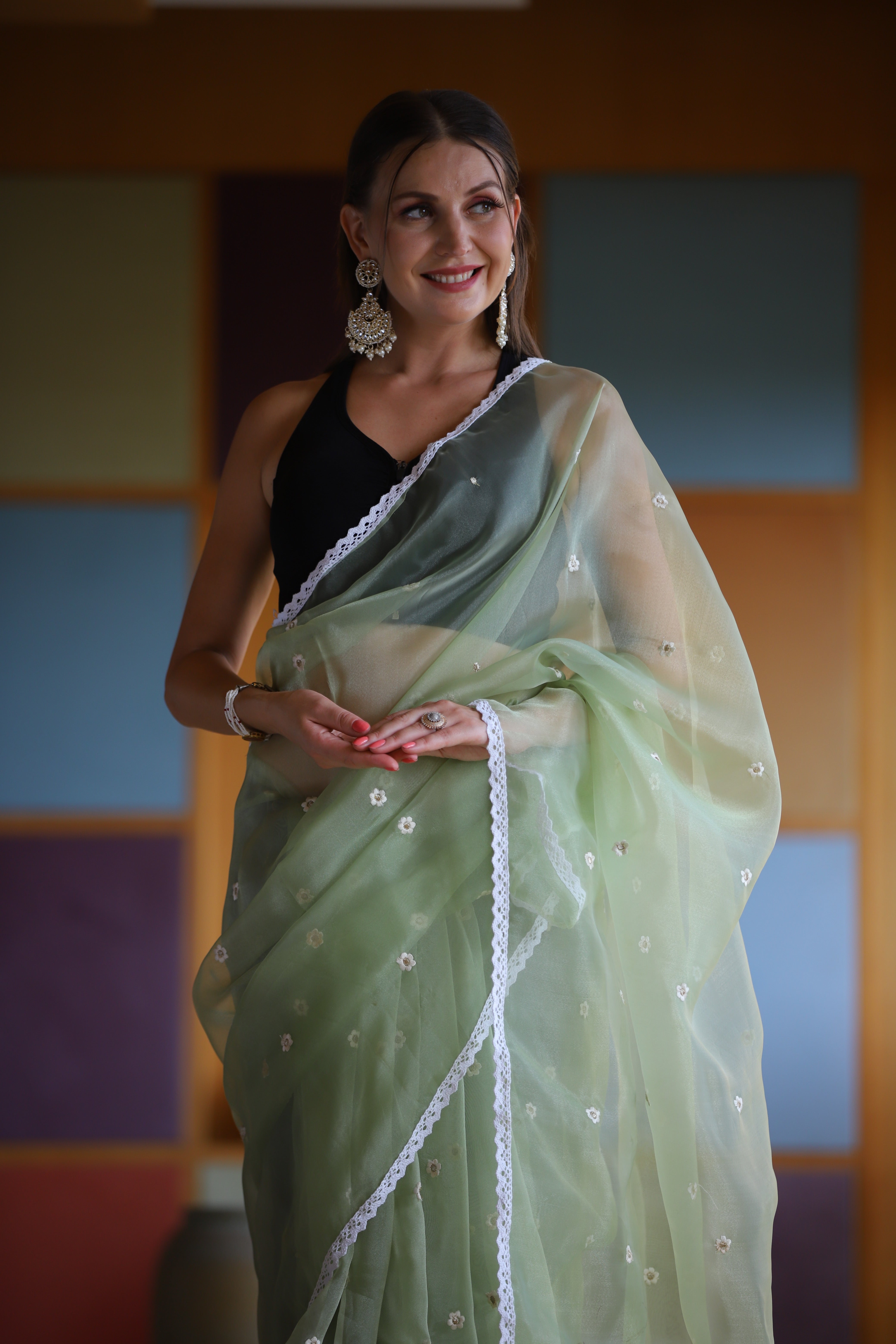 GREEN Oragnza Saree With Satin Benglori Blouse