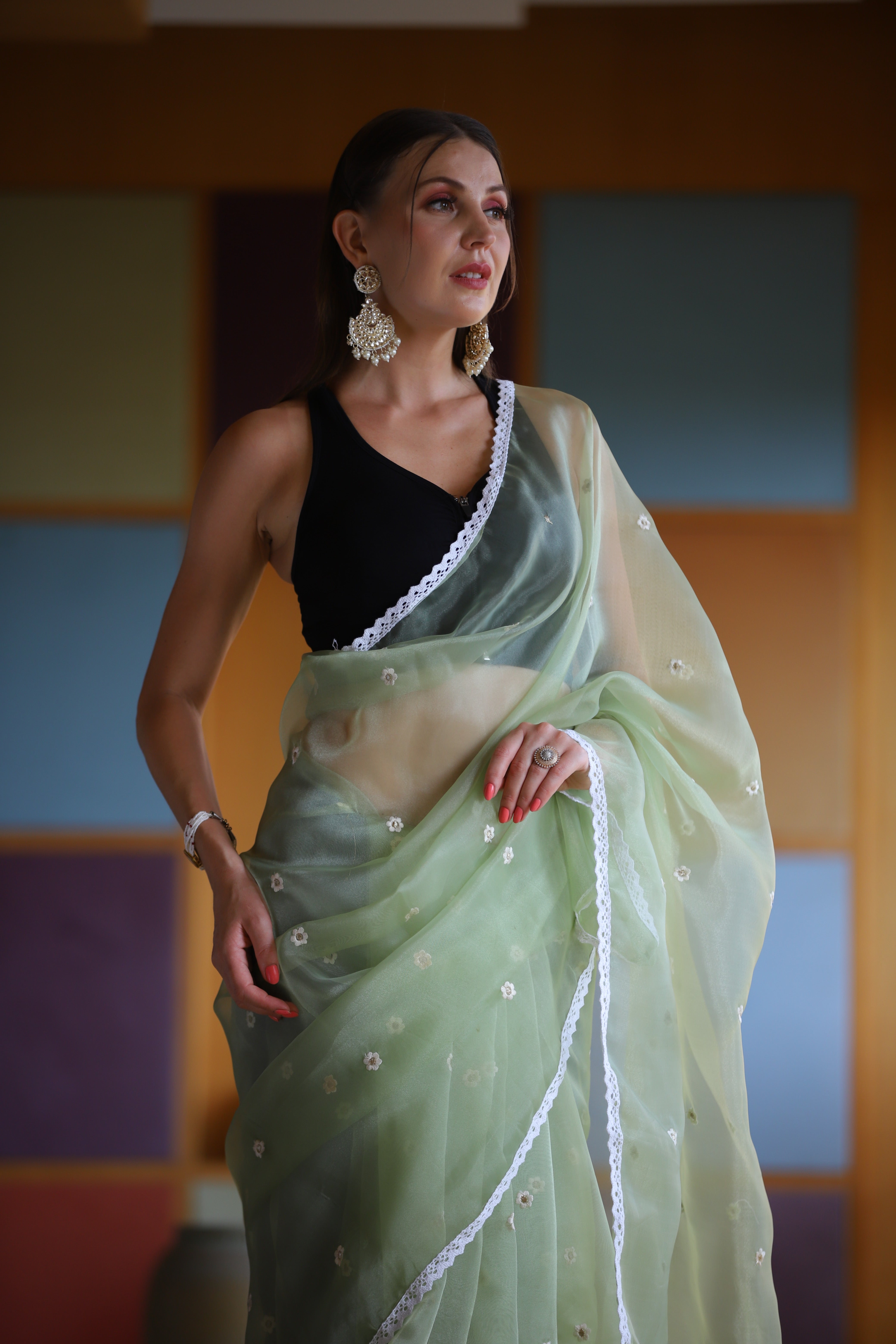 GREEN Oragnza Saree With Satin Benglori Blouse