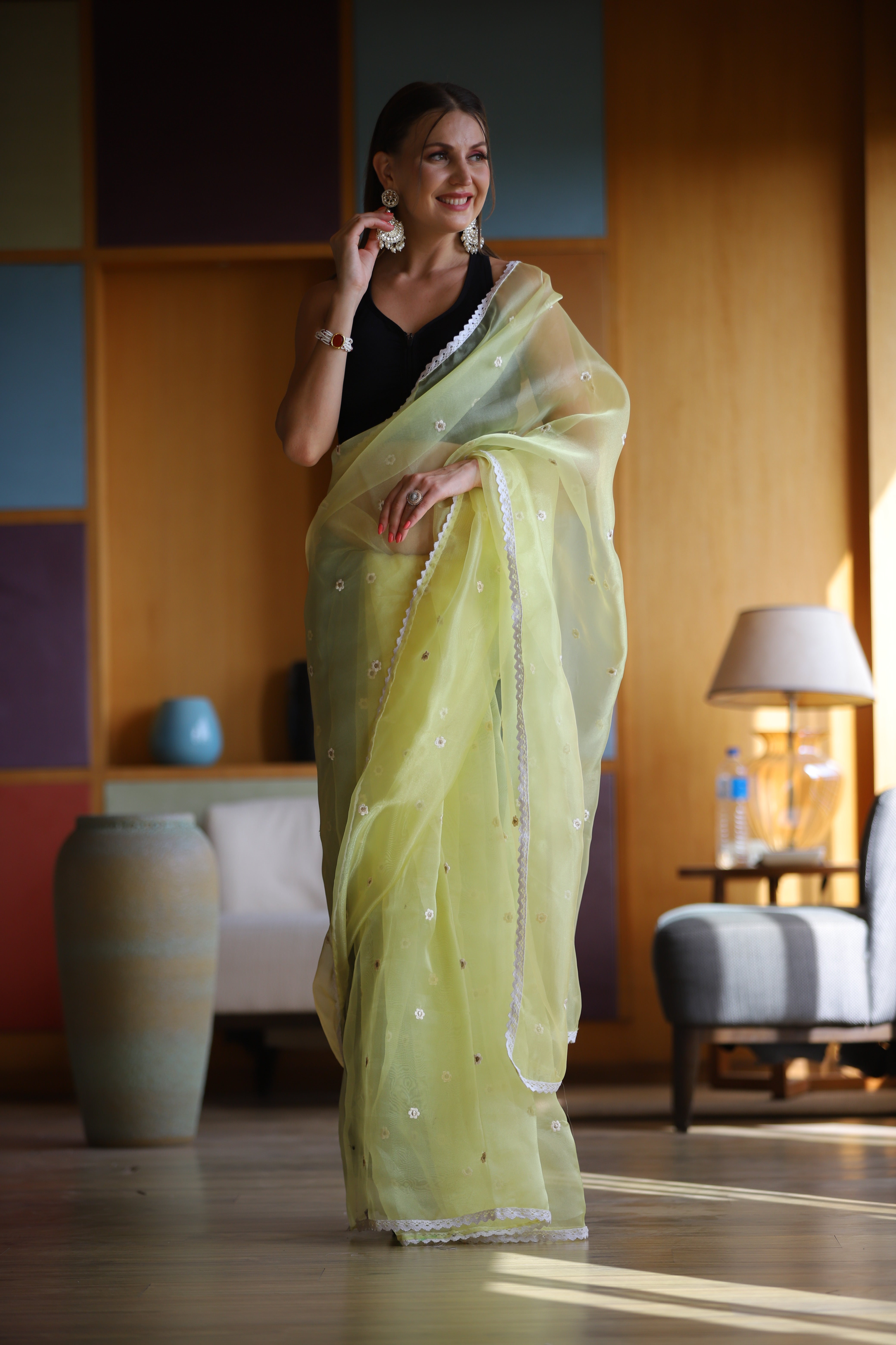 Yellow Oragnza Saree With Satin Benglori Blouse