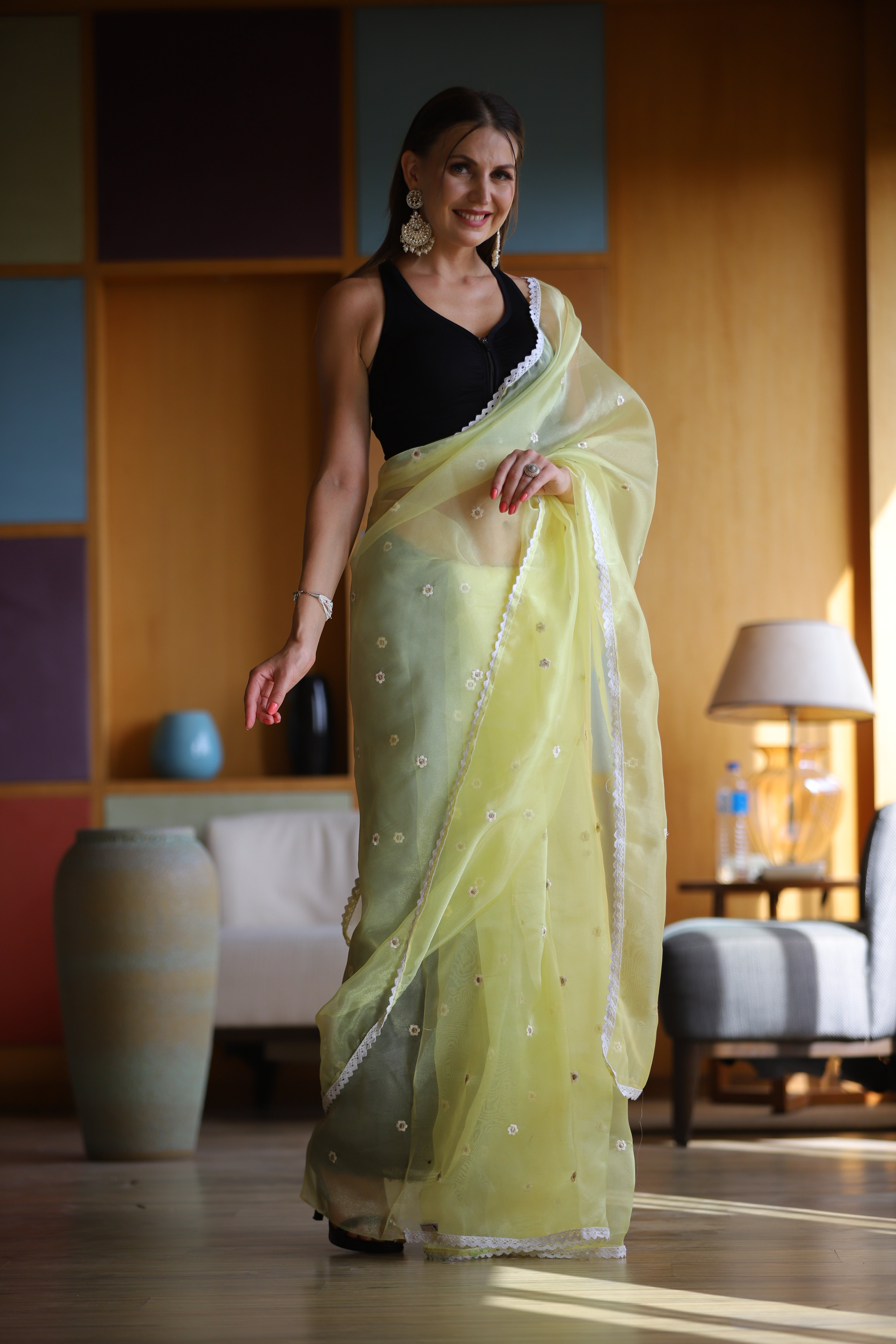 Yellow Oragnza Saree With Satin Benglori Blouse