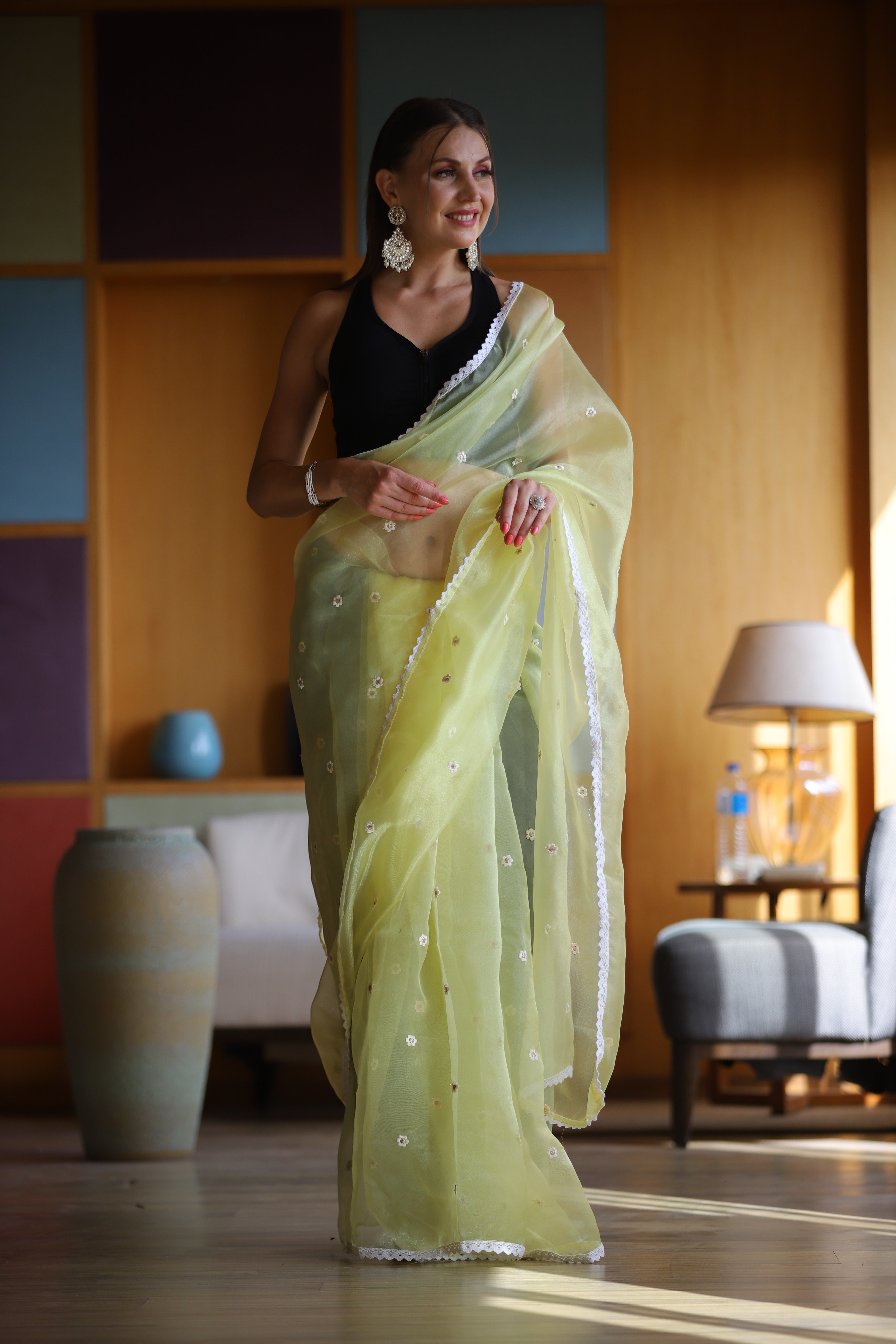 Yellow Oragnza Saree With Satin Benglori Blouse