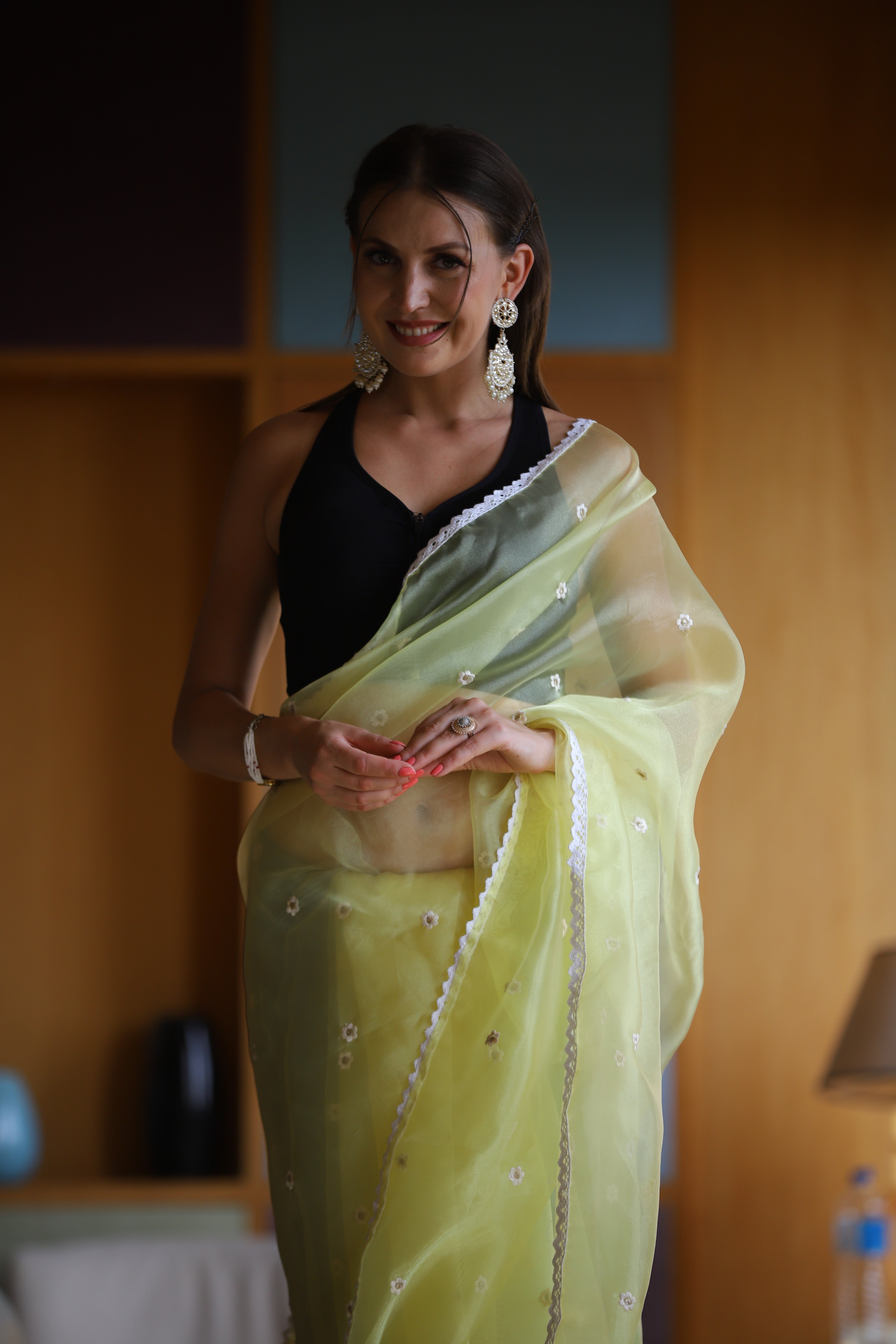 Yellow Oragnza Saree With Satin Benglori Blouse