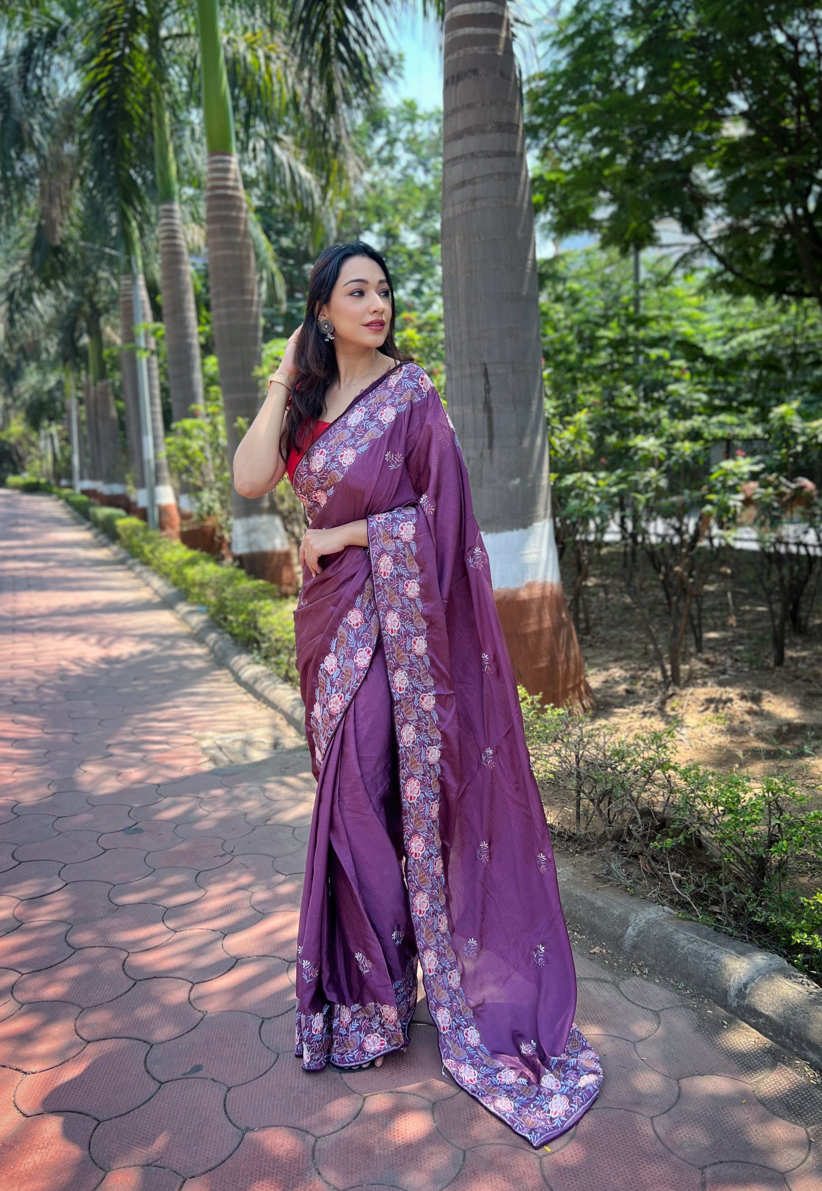 Cherry Purple simmer Saree With Satin Banglori Blouse