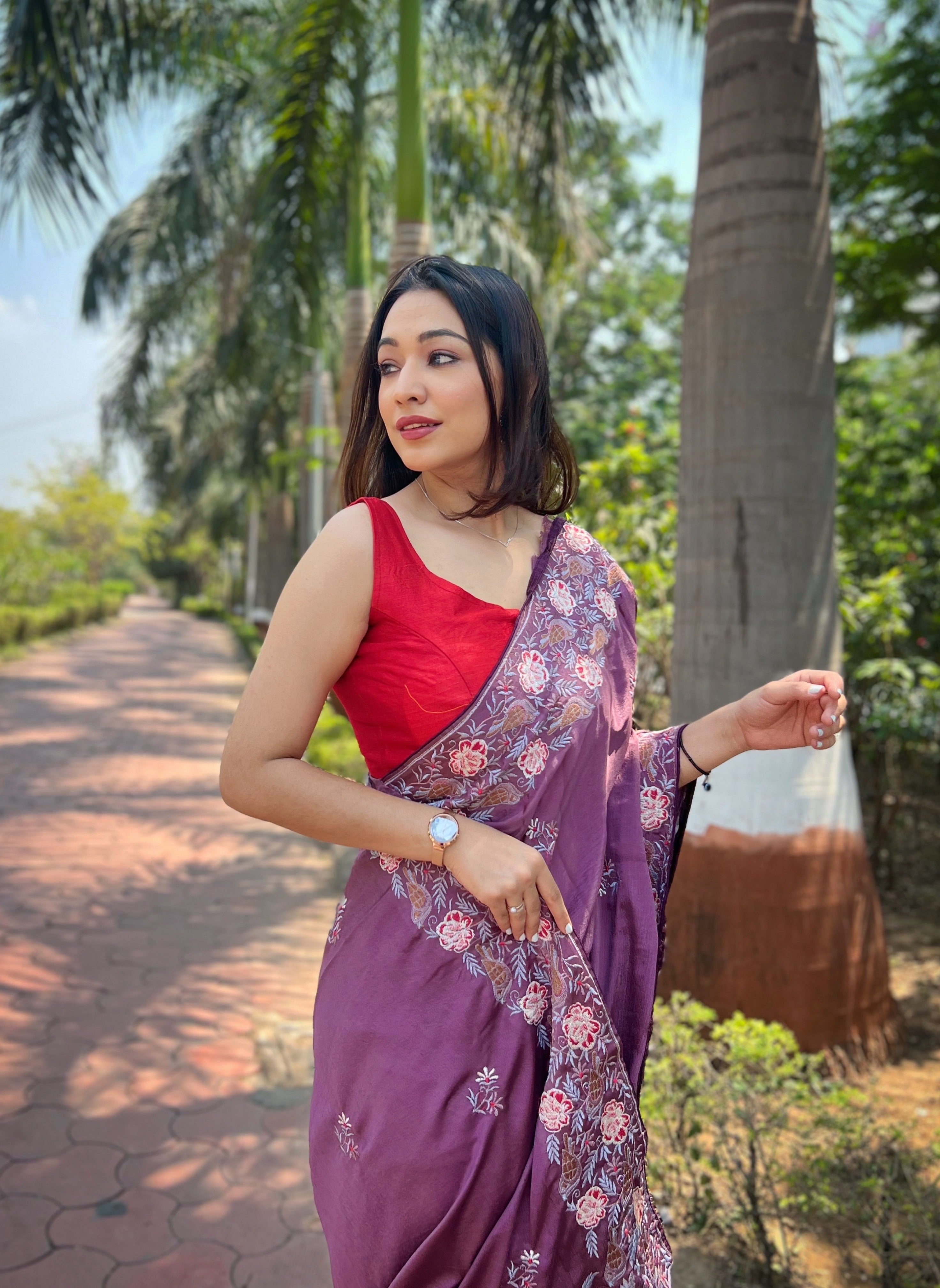 Cherry Purple simmer Saree With Satin Banglori Blouse