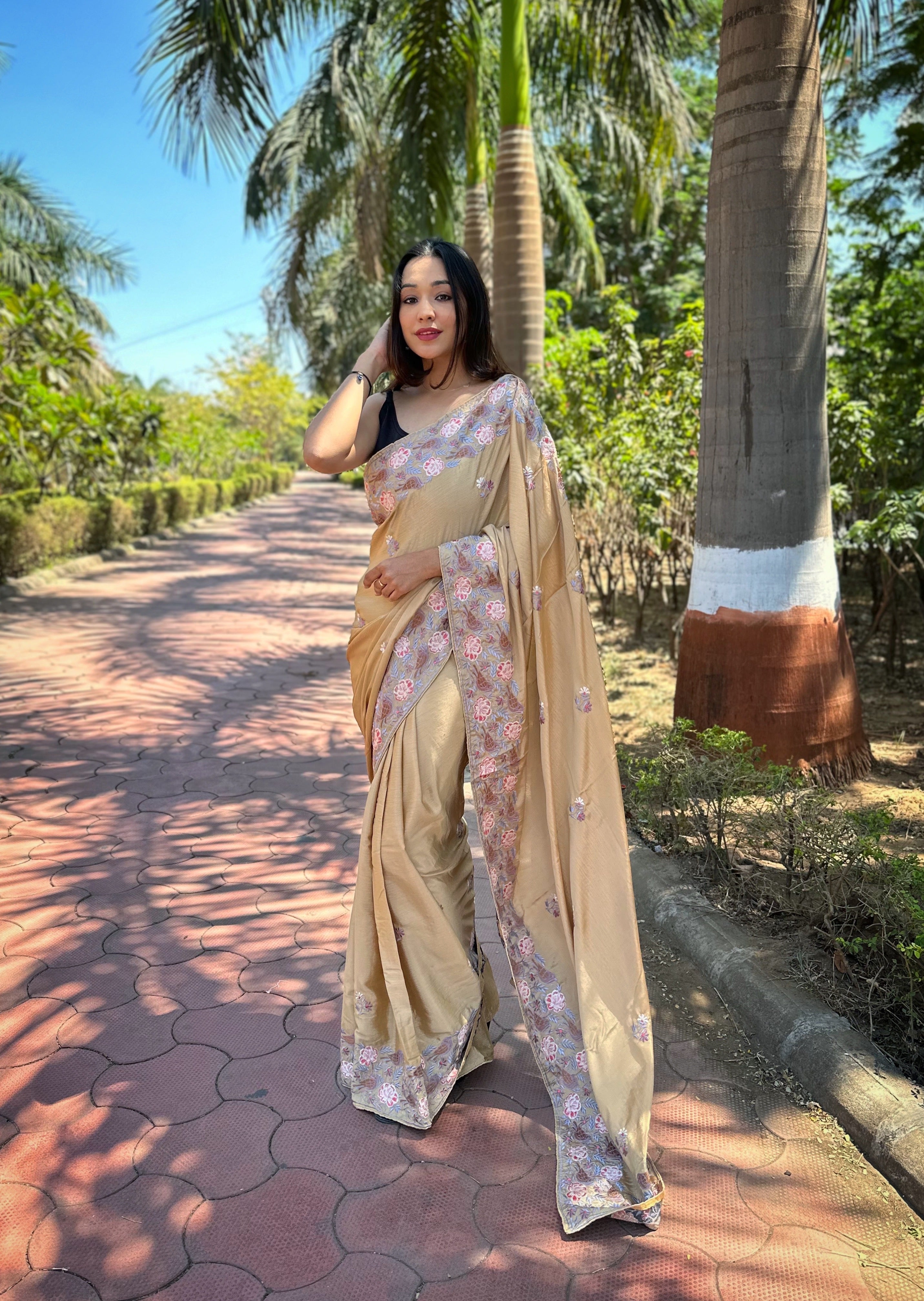 Cream simmer Saree With Satin Banglori Blouse