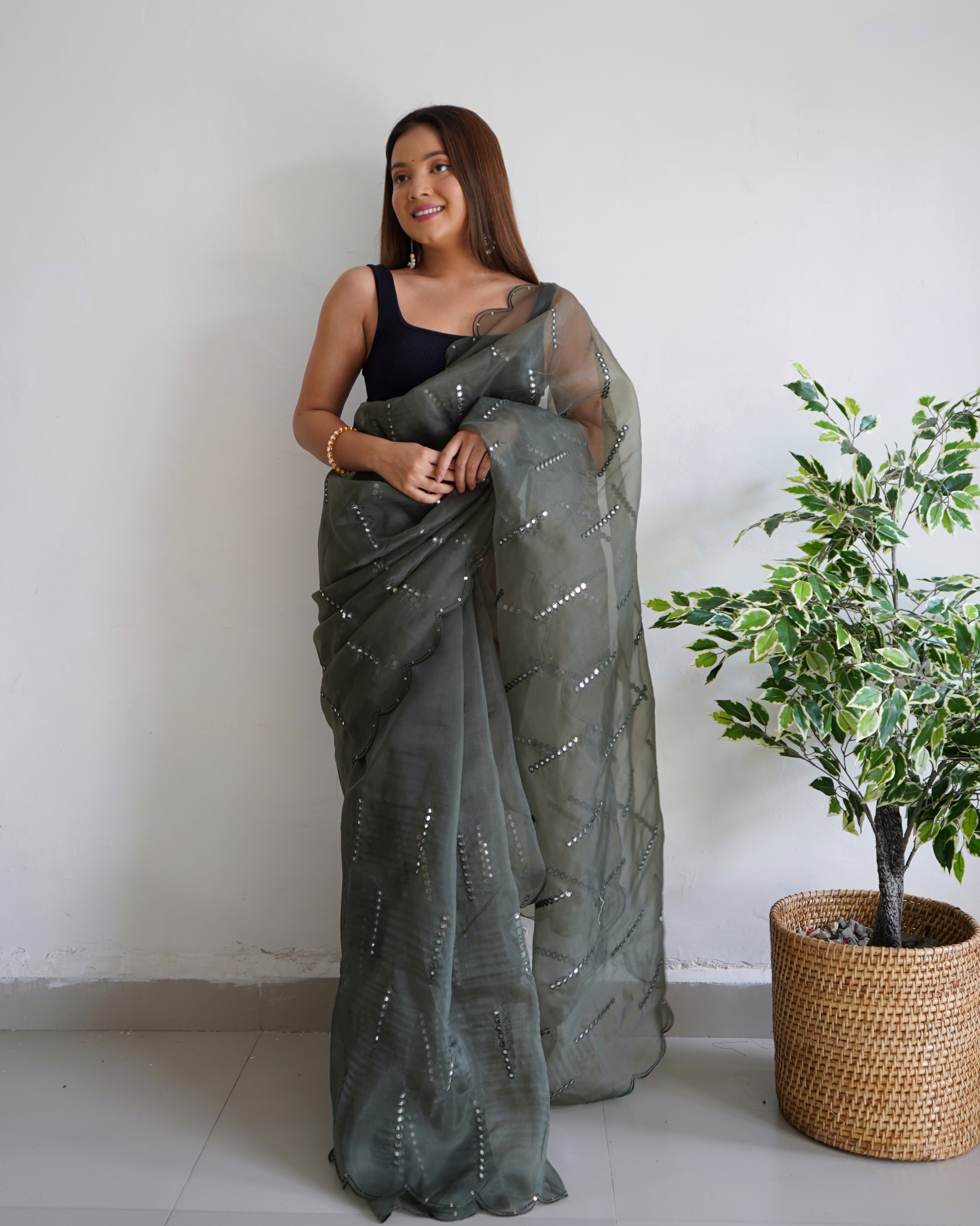 Grey Organza Saree With Satin Benglori Blouse