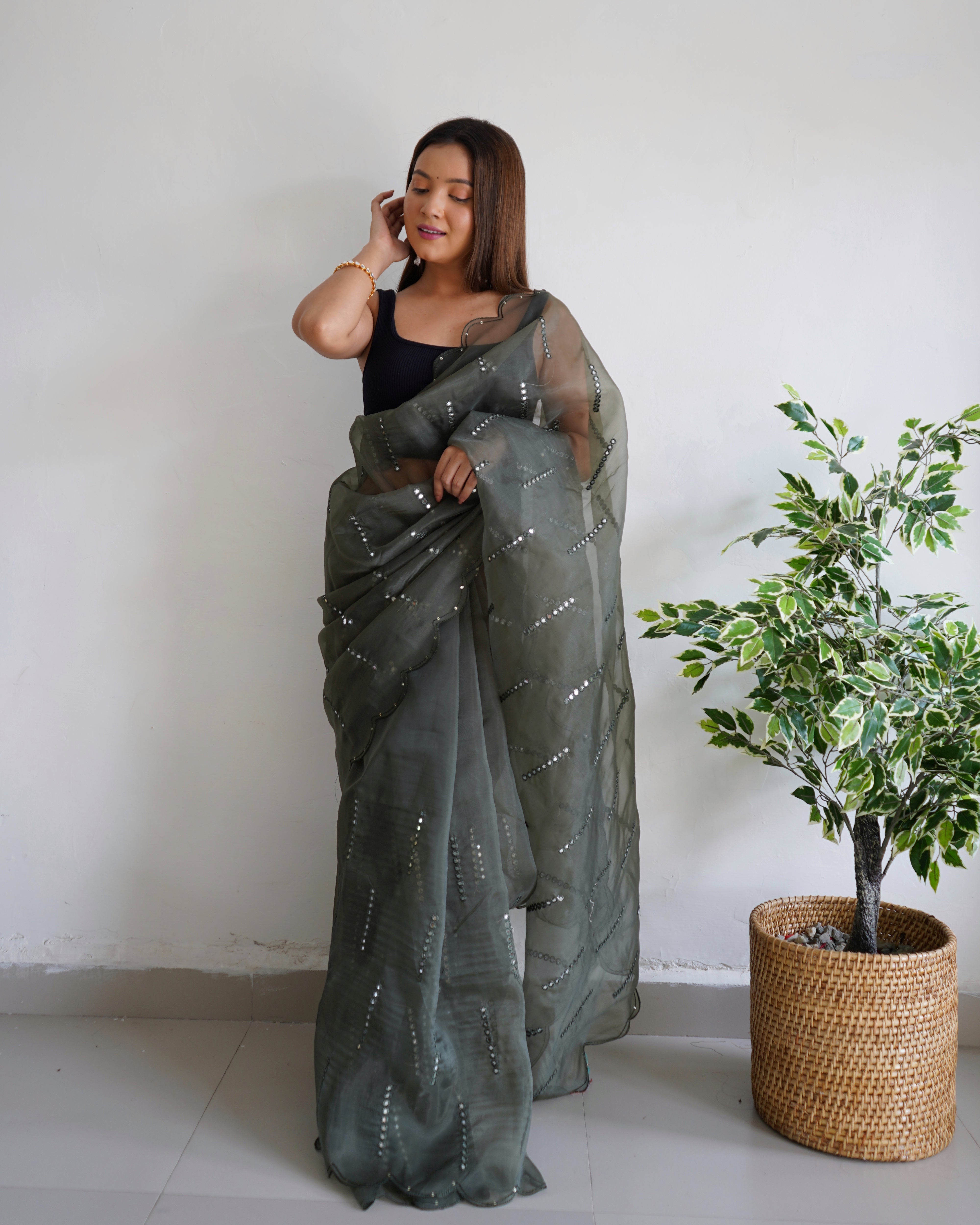 Grey Organza Saree With Satin Benglori Blouse