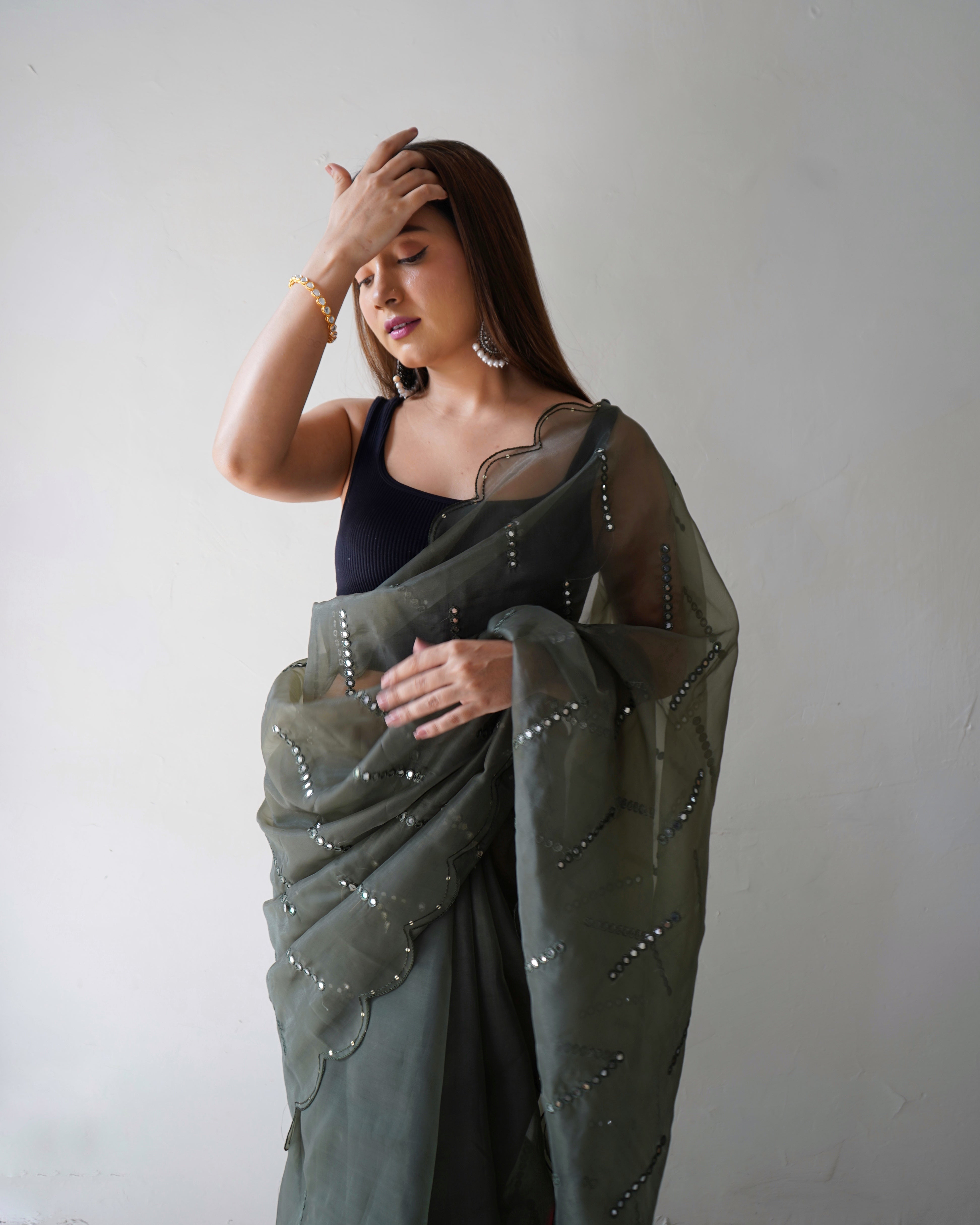 Grey Organza Saree With Satin Benglori Blouse