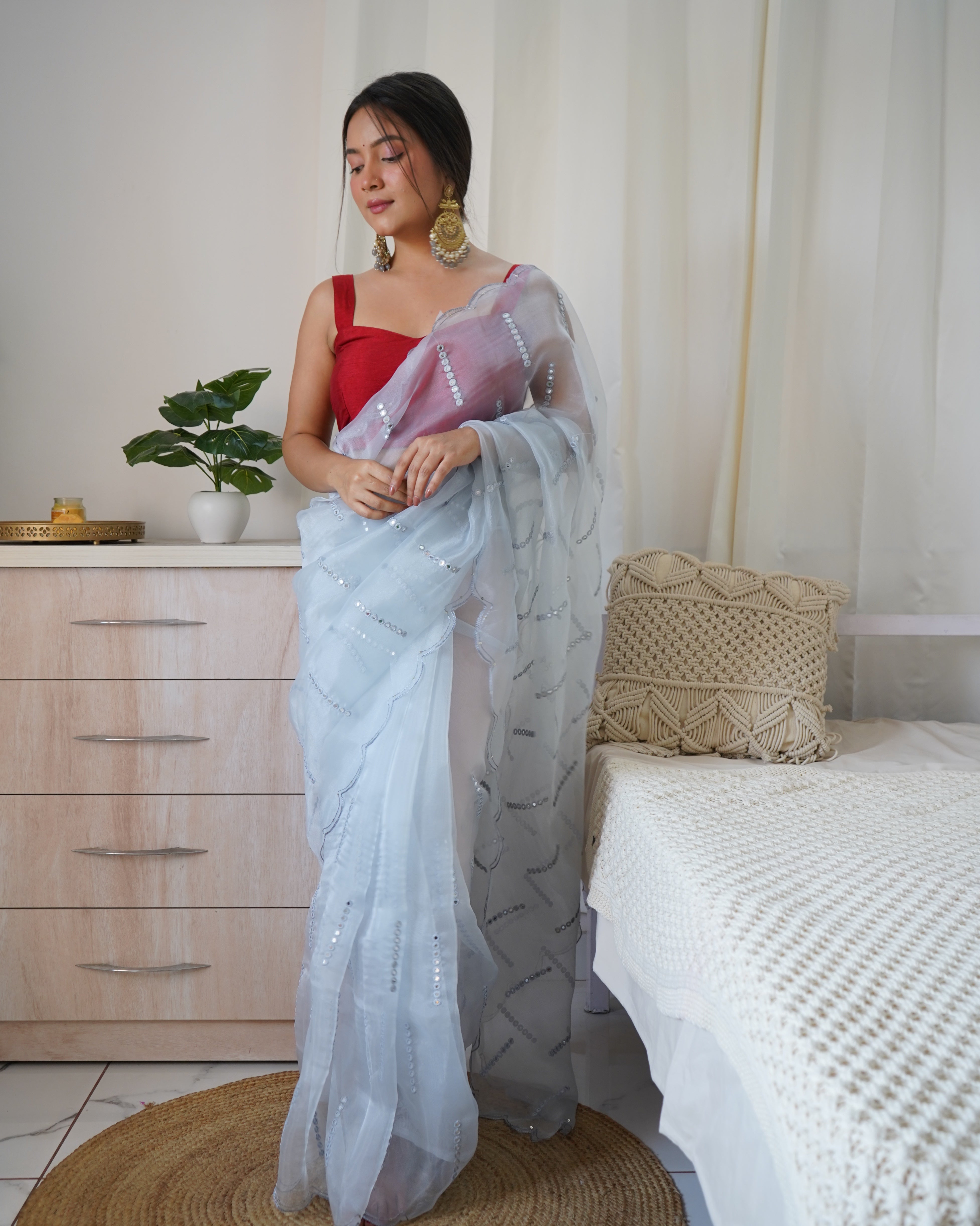 Sky Organza Saree With Satin Benglori Blouse