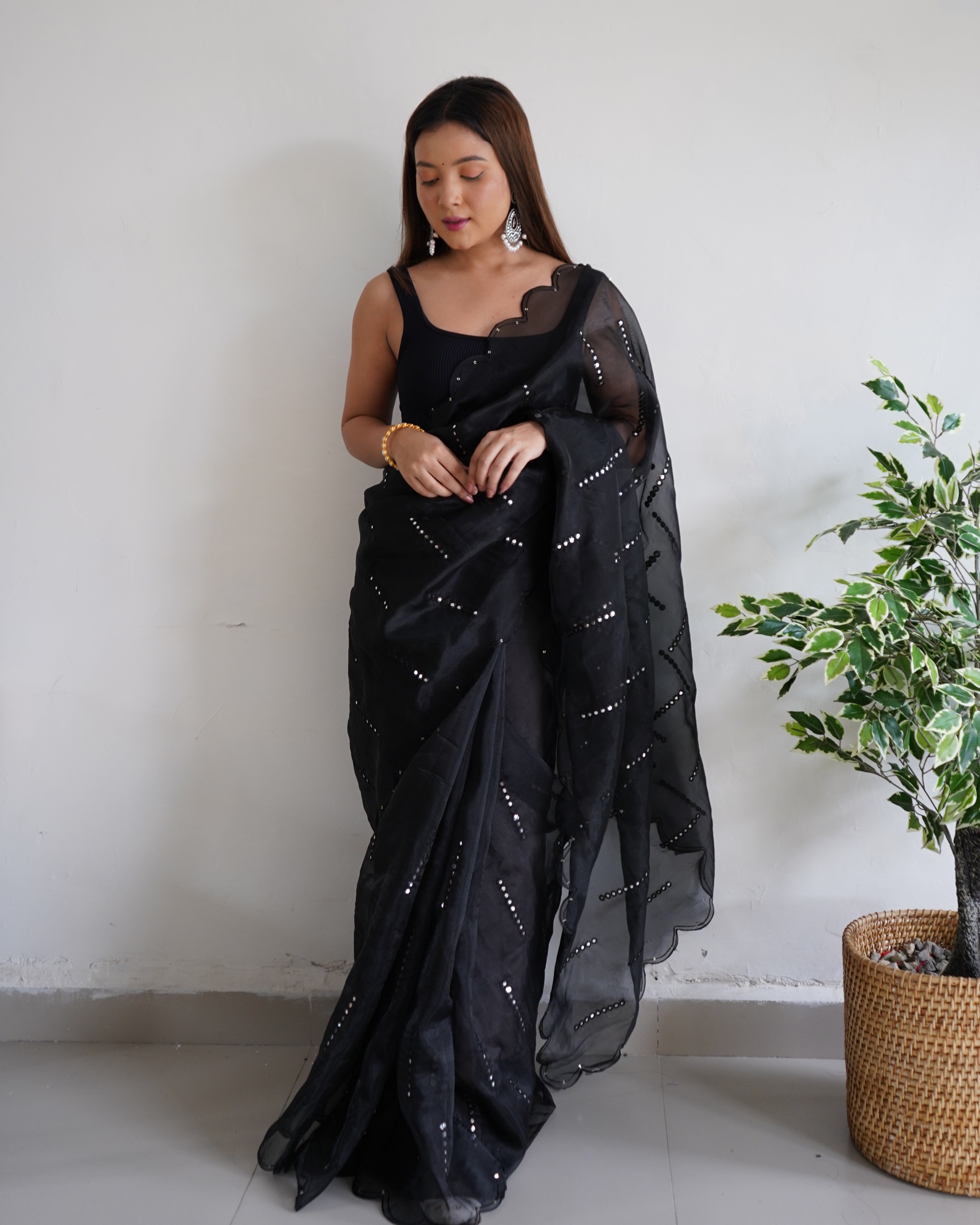 Black Organza Saree With Satin Benglori Blouse