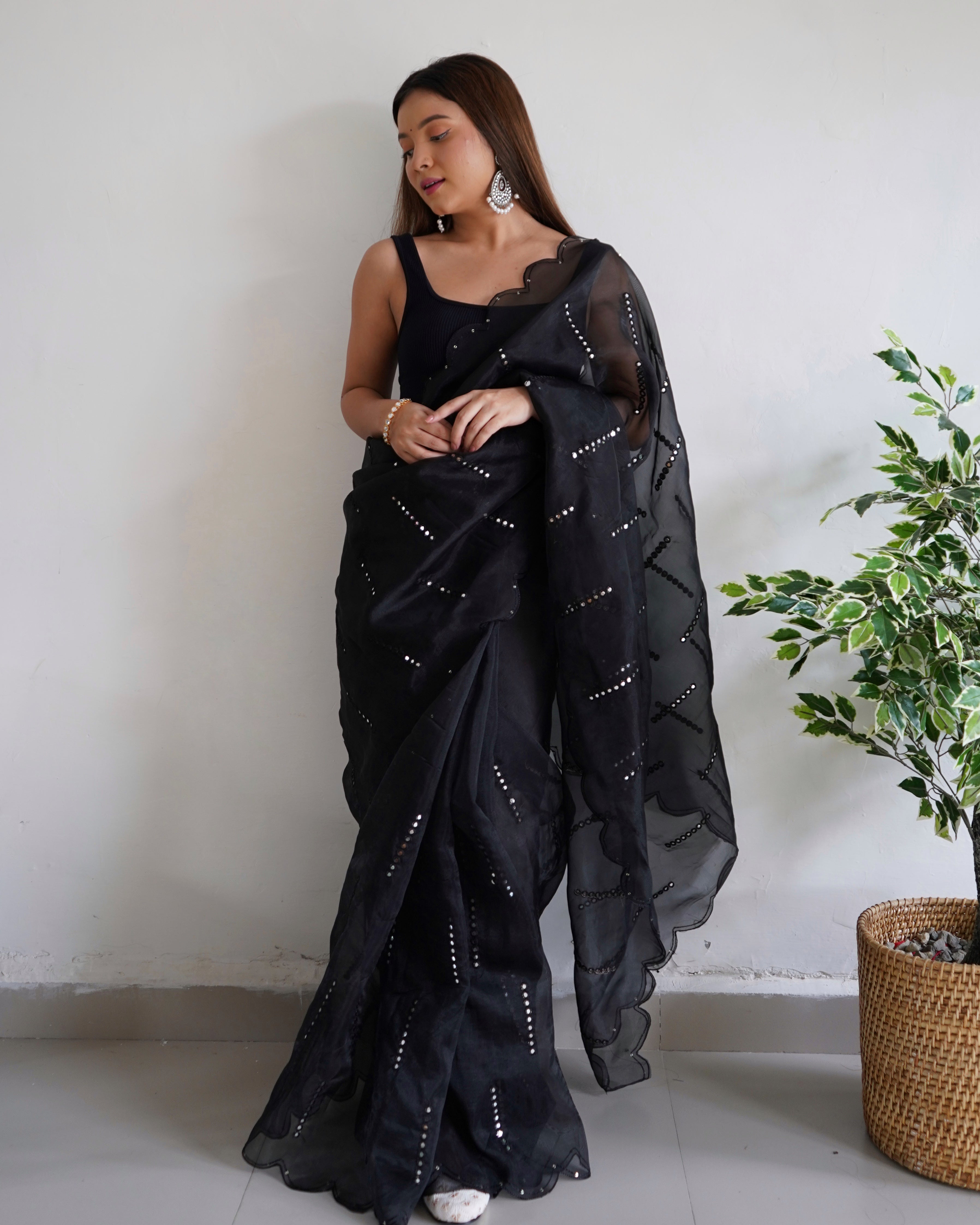 Black Organza Saree With Satin Benglori Blouse