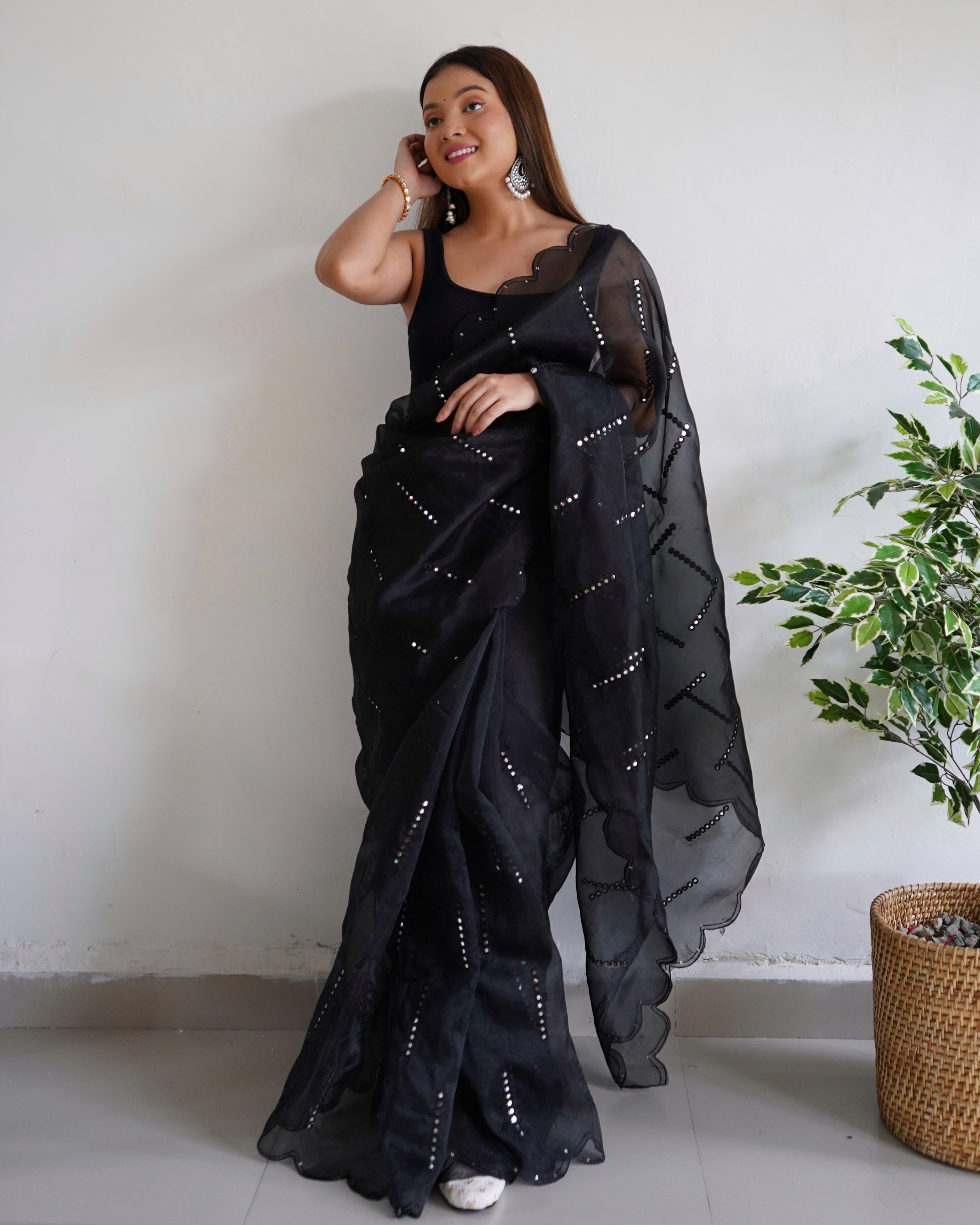 Black Organza Saree With Satin Benglori Blouse