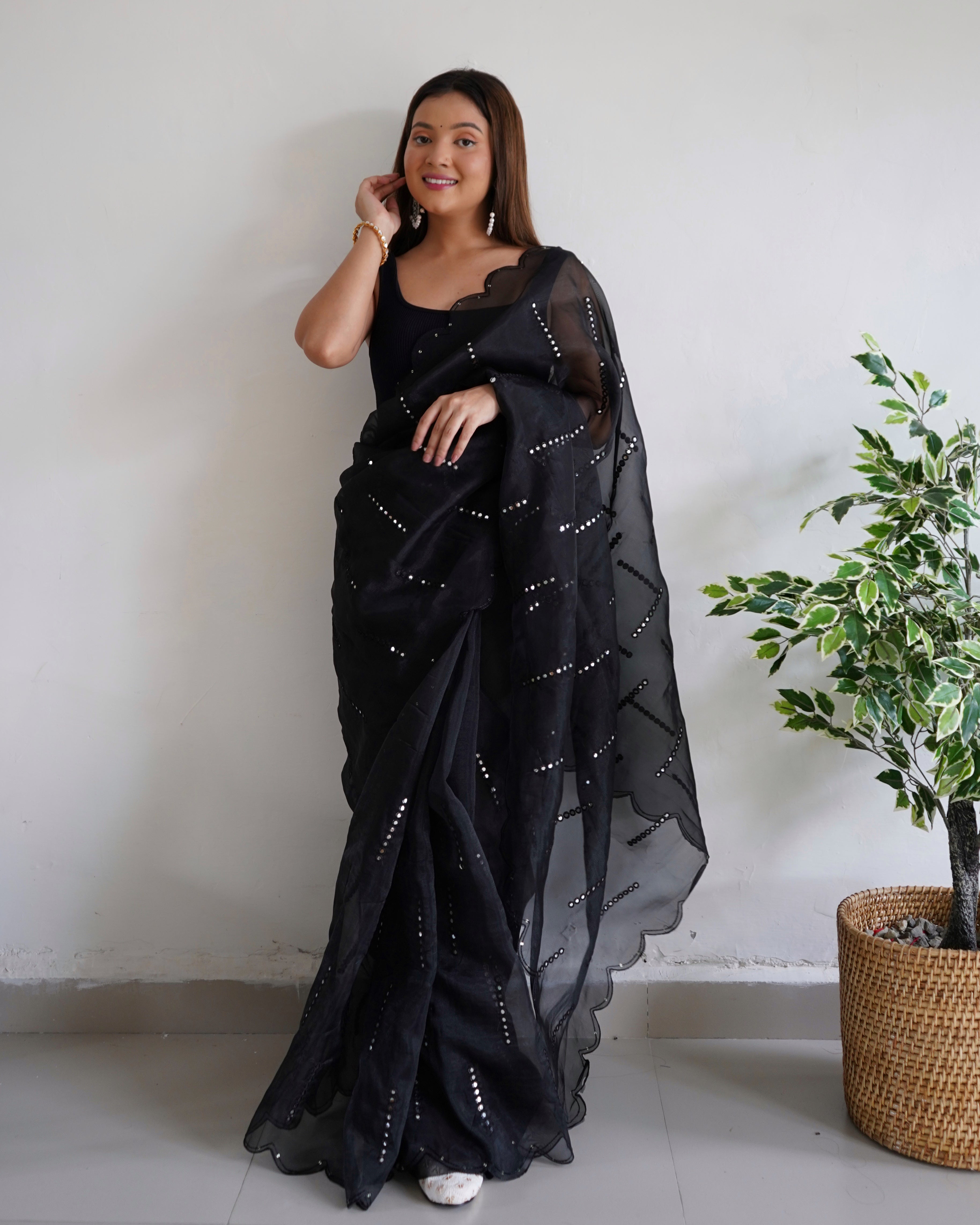 Black Organza Saree With Satin Benglori Blouse