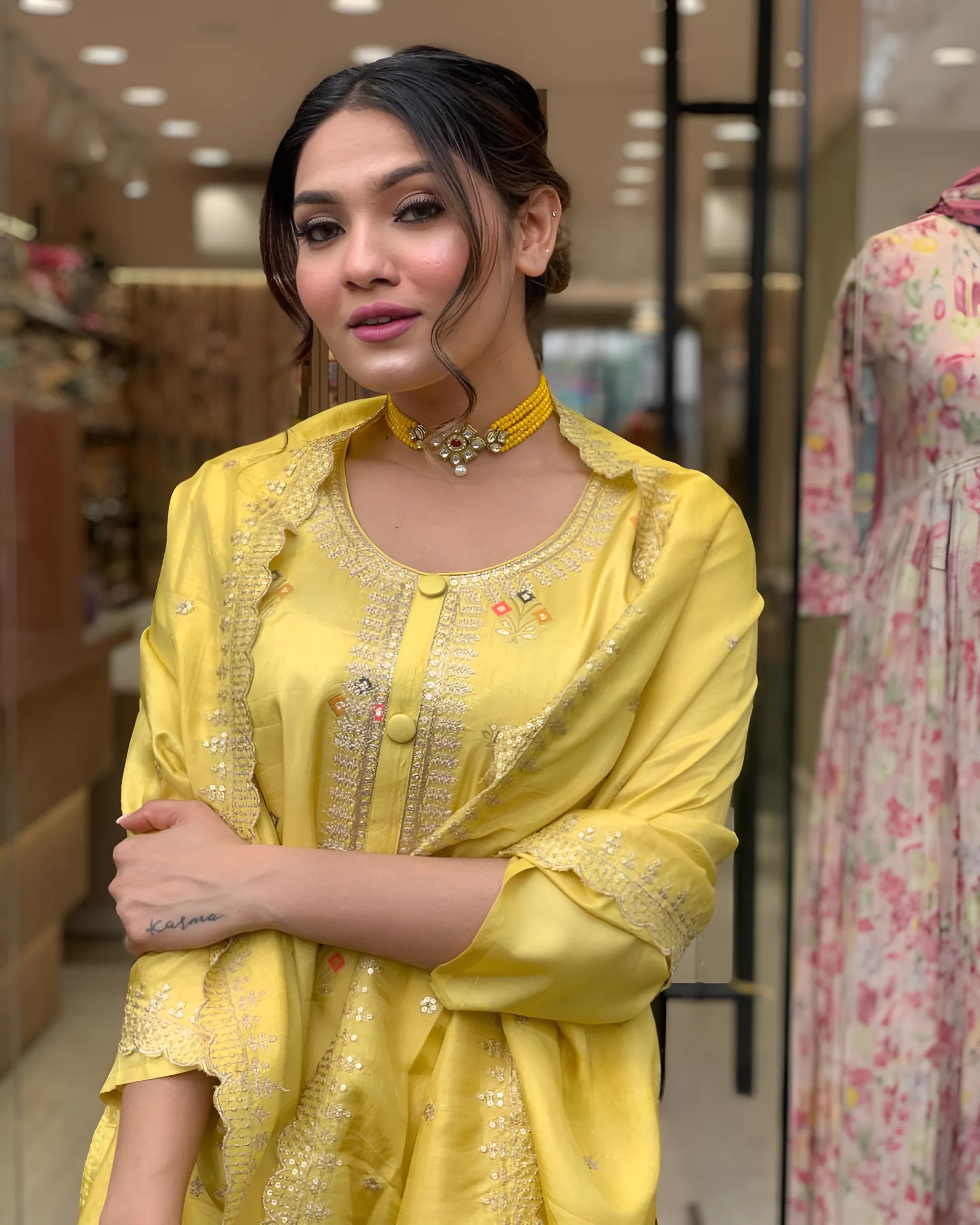 Yellow Women Embroidered Viscose Kurta set