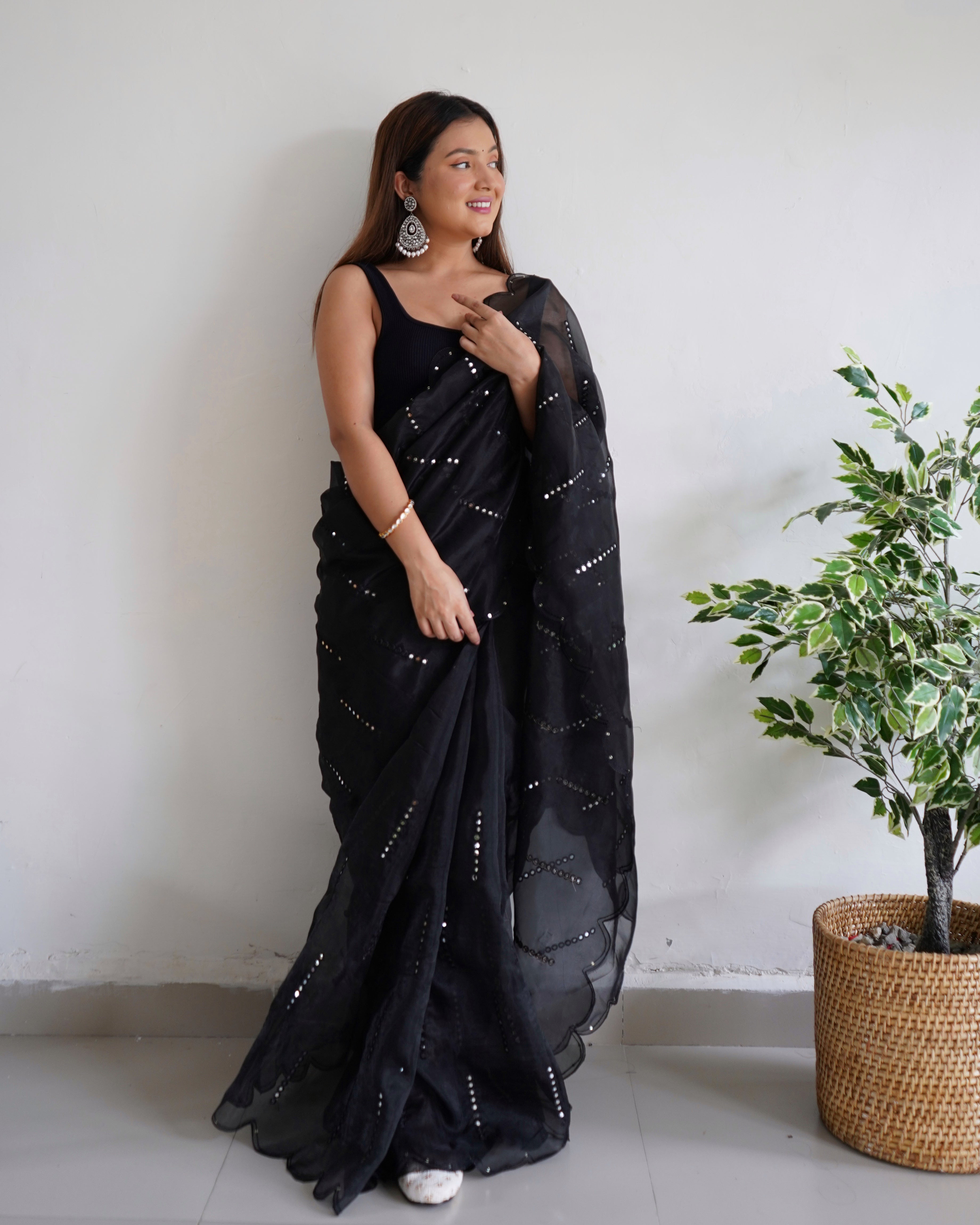 Black Organza Saree With Satin Benglori Blouse